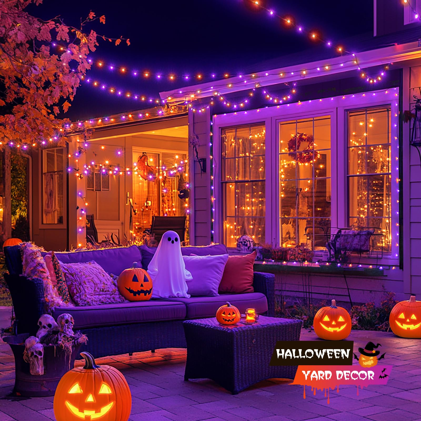 JMEXSUSS Halloween String Lights, 500 LED Waterproof, 173ft, 8 Modes, Orange & Purple, Model EXS-S-0500