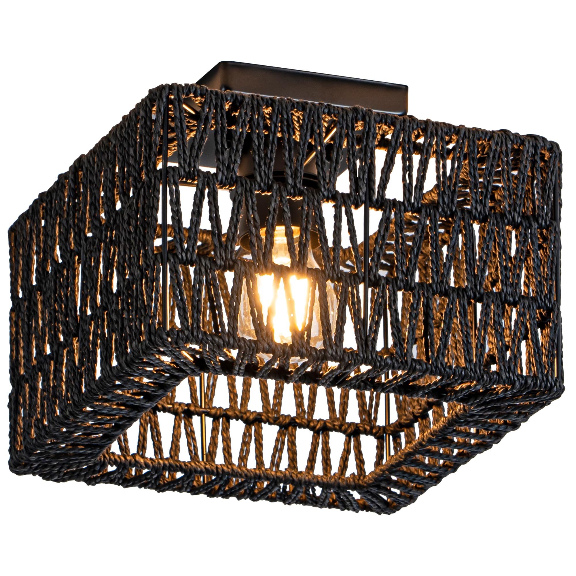 Rpzloila Rattan Ceiling Light  Black Boho Light Fixture  Square Flush Mount Ceiling Light for Bedroom  Hallway  Entryway  Kitchen  Laundry