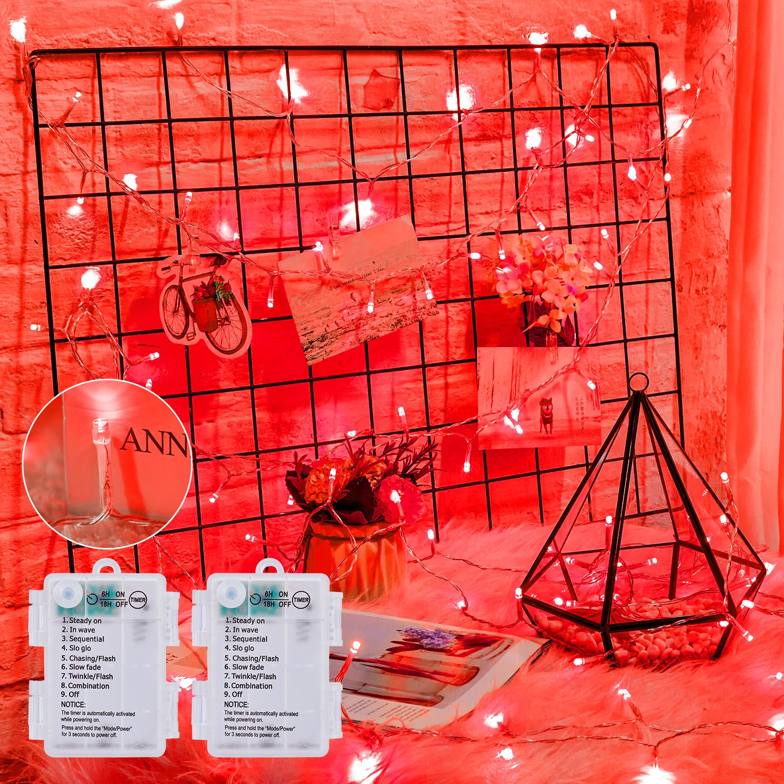 Minetom Battery Operated Christmas String Lights, 100 LED, 33FT, Waterproof, 8 Modes, Red, 2 Pack