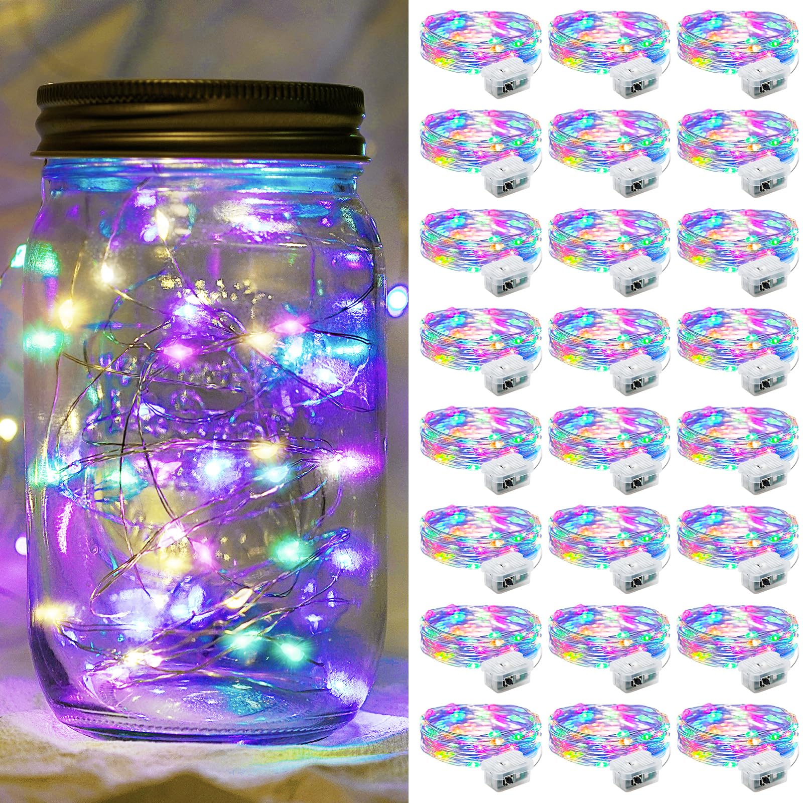 chzk 24 Pack Fairy Lights 7Ft 20 LED Twinkle String Lights Battery Operated Lights Waterproof Firefly Starry Lights Mason Jar Lights for Party Wedding Christmas Valentines Day (24, Multicolor)