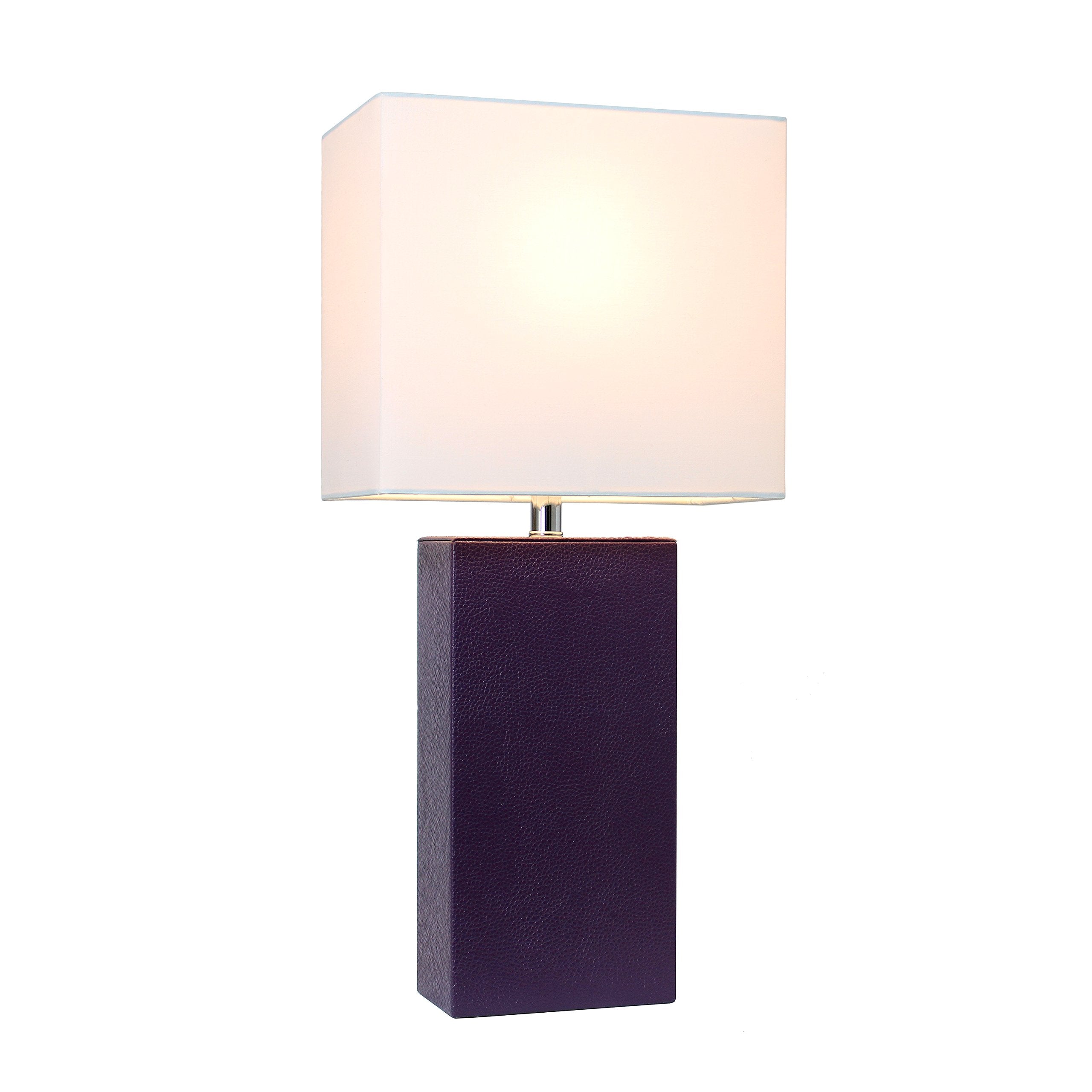 Elegant Designs Modern Leather Table Lamp, Engineered Wood, White Fabric Shade, Contemporary Size, Eggplant Color, Model LT1025-EGP