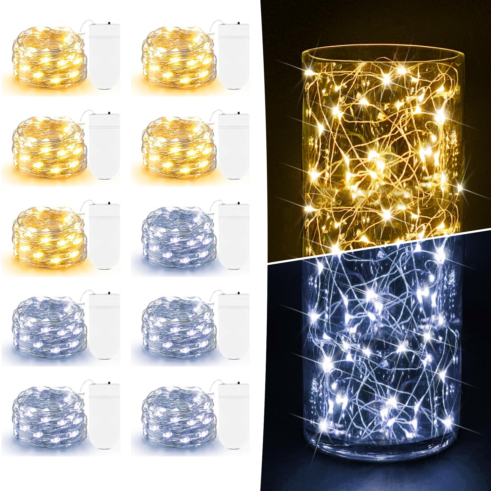 Aozope 10 Pack Fairy Lights, 7Ft 20 Led Twinkle Copper Wire String Lights, Warm & Cool White