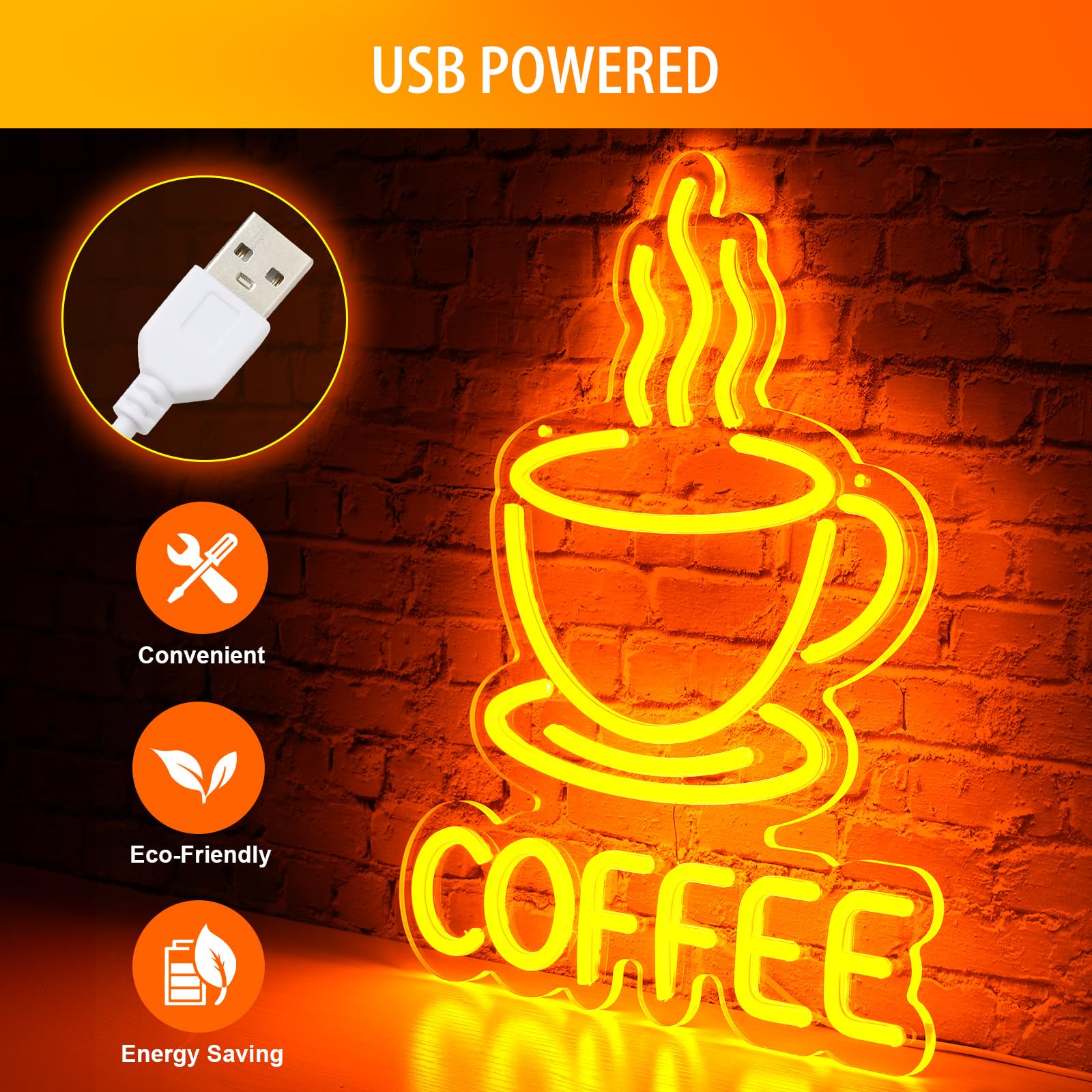 Basaneon Dimmable LED Coffee Neon Sign, USB Powered, Acrylic, 15.7x12.8 inches, Color B-COFFEE, Model ZF-COFFEE