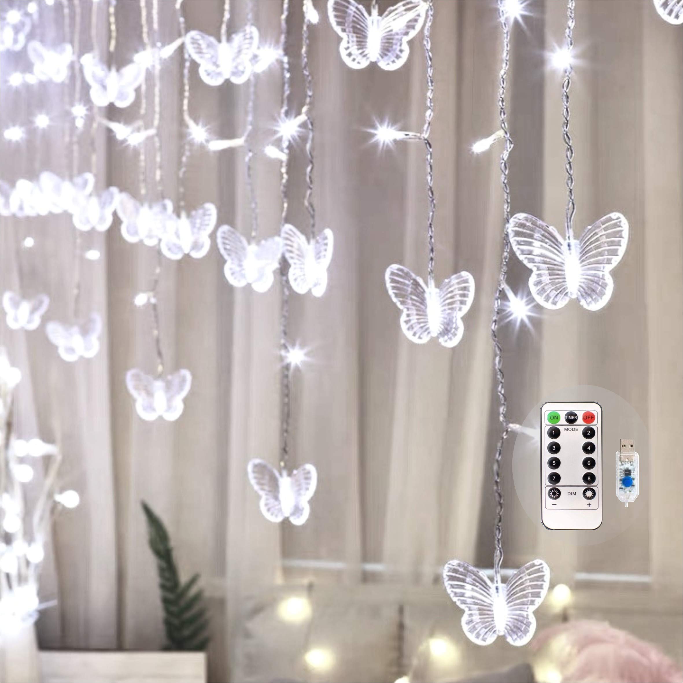 Felishine Butterfly Curtain Fairy Lights, 120 Led, 8 Modes, Usb, Waterproof, Cool White