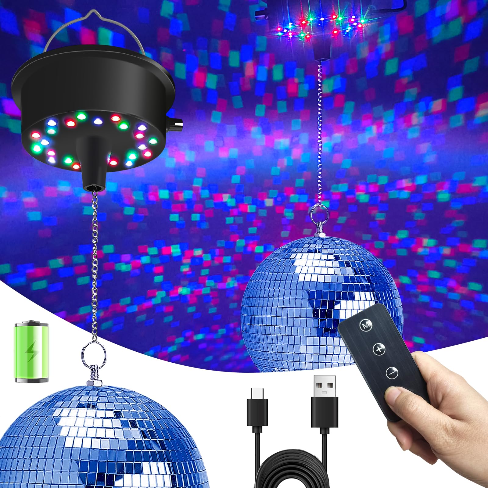 Palujorty Disco Ball with Motor and Remote, 6in  Multicolor LED Hanging Decoration for Parties, Weddings, and Birthdays