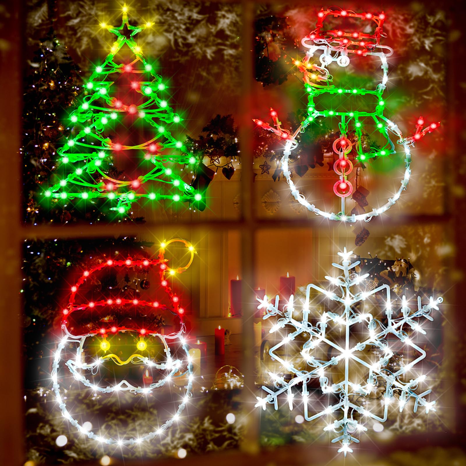 Christmas Decorations Indoor, 16.5"LED Christmas Window Lights Decorations - 4 Pack Window Christmas Lights Christmas Tree & Snowflake & Santa & Snowman for Christmas Decorations Indoor Home Decor