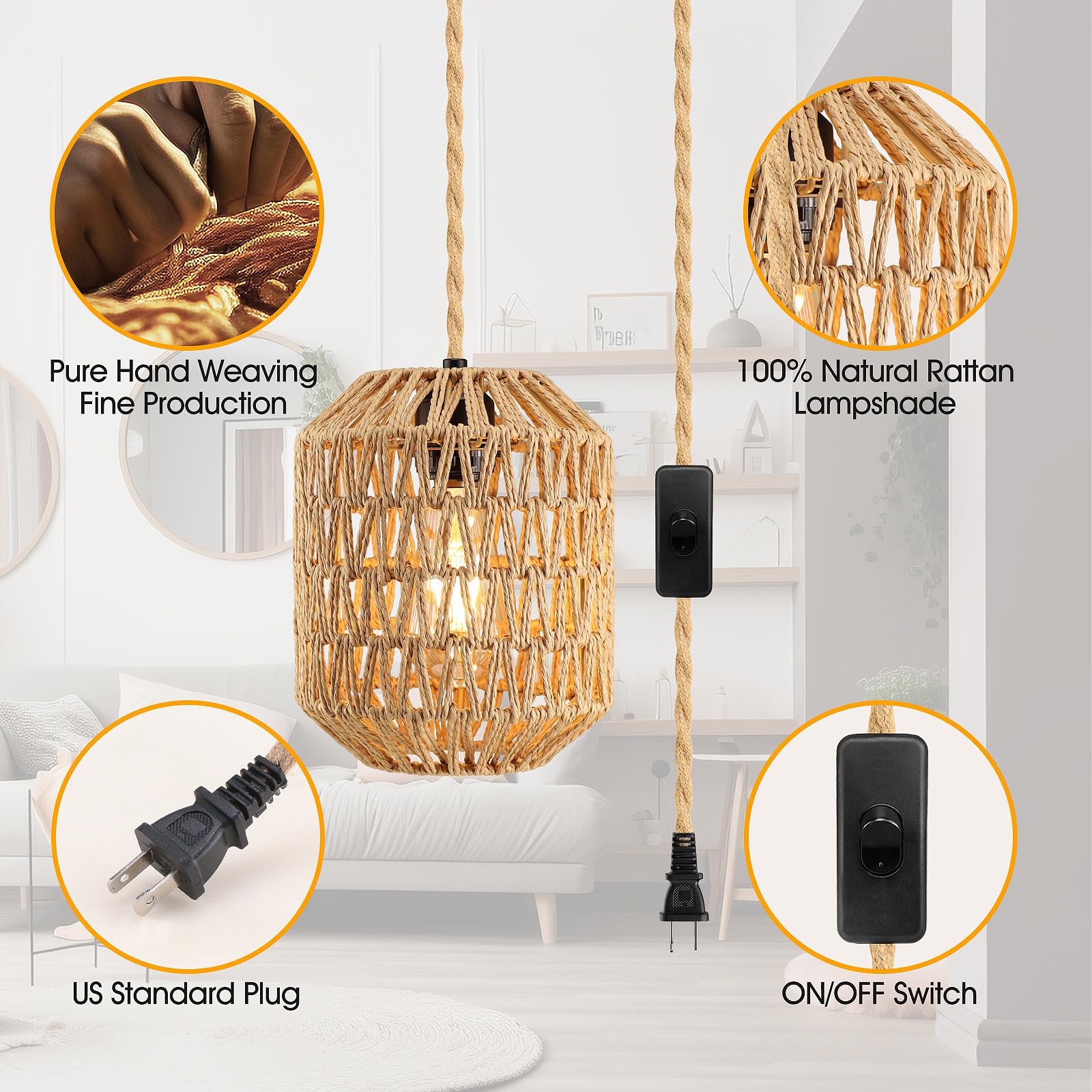 Slyymy Plug In Pendant Light, 15Ft Hemp Rope Cord,Hanging Lights With Plug In Cord On/Off Rattan Hanging Lamp Wicker Woven Baske