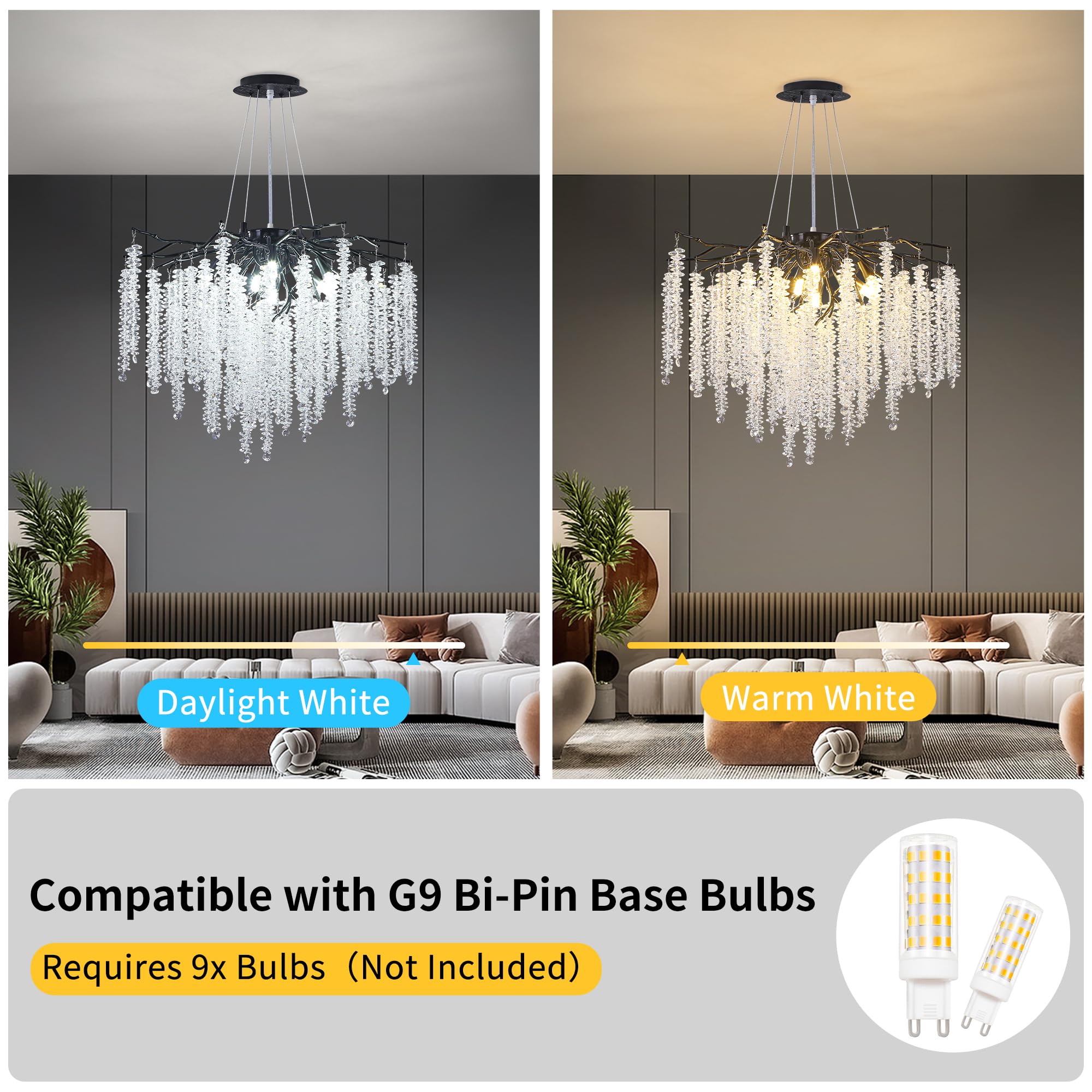 Upfelw Modern Crystal Tree Branch Chandelier - 9 Lights, D23.7'', Black, Indoor Fixture for Dining Room & Living Room, Model UBC-B09-0426