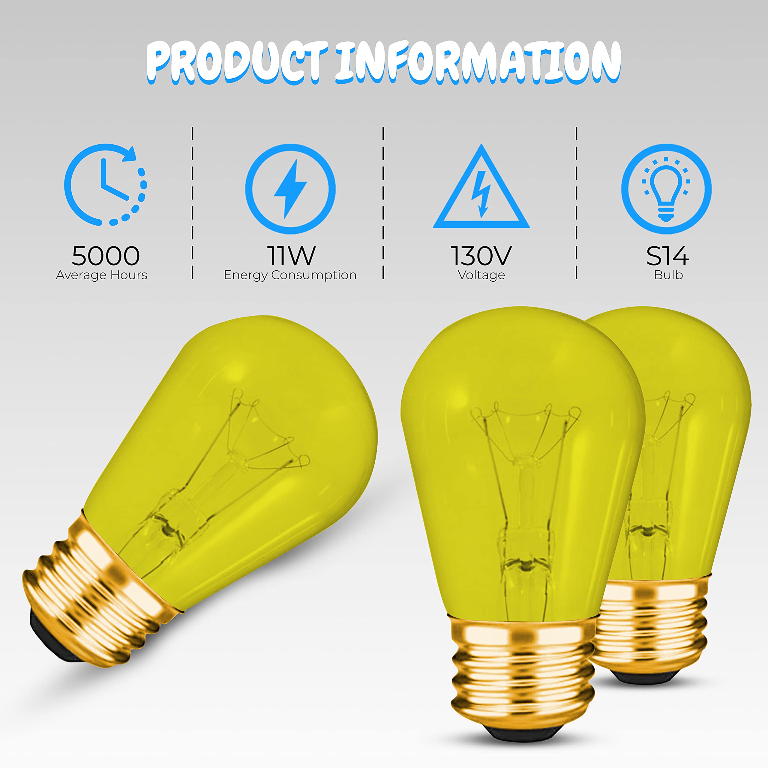 Ohlectric S14 Transparent Yellow String Light Bulbs | 11 Watts Dimmable Led Bulbs With E26 Base, 5000 Hours Of Light | Pack Of 10