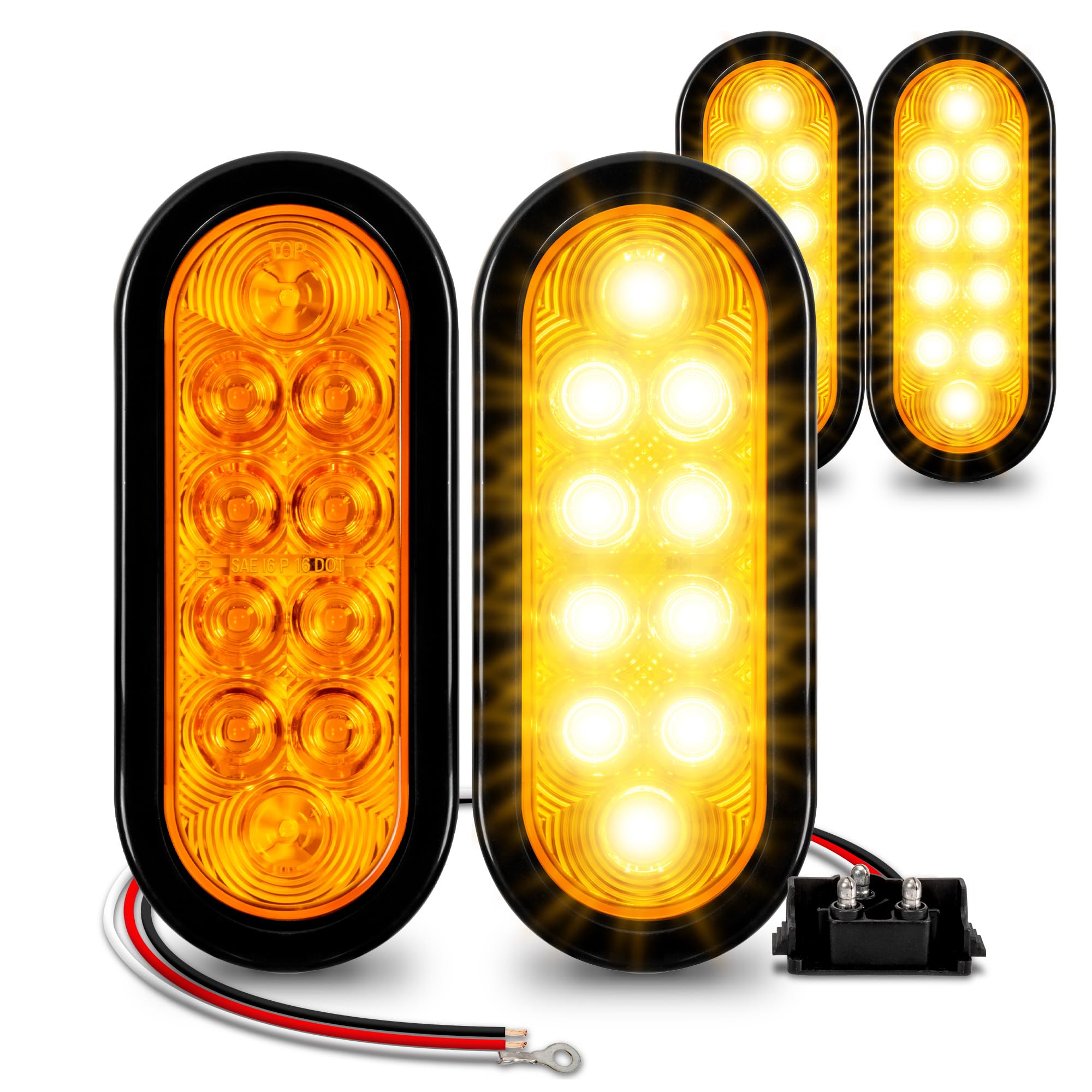 True Mods 4Pc 6 Inch Amber Oval Led Trailer Tail Light Kit [Dot Fmvss 108 Sae I6] [Grommet & 3 Prong Plug] [Ip67 Waterproof] [Pa