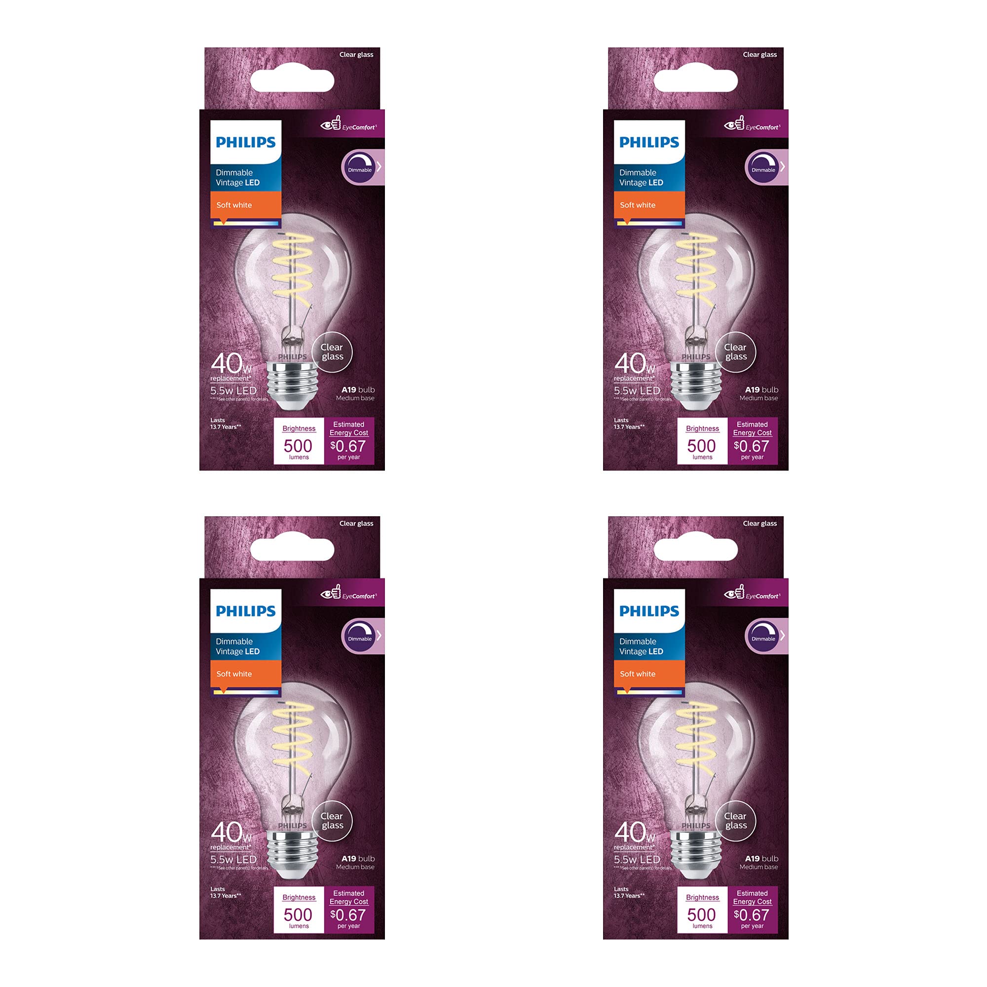 Philips Led Vintage Flicker-Free Clear Spiral A19 Dimmable, Eyecomfort Technology, 500 Lumen, Soft White(2700K), 5.5W=40W, Title