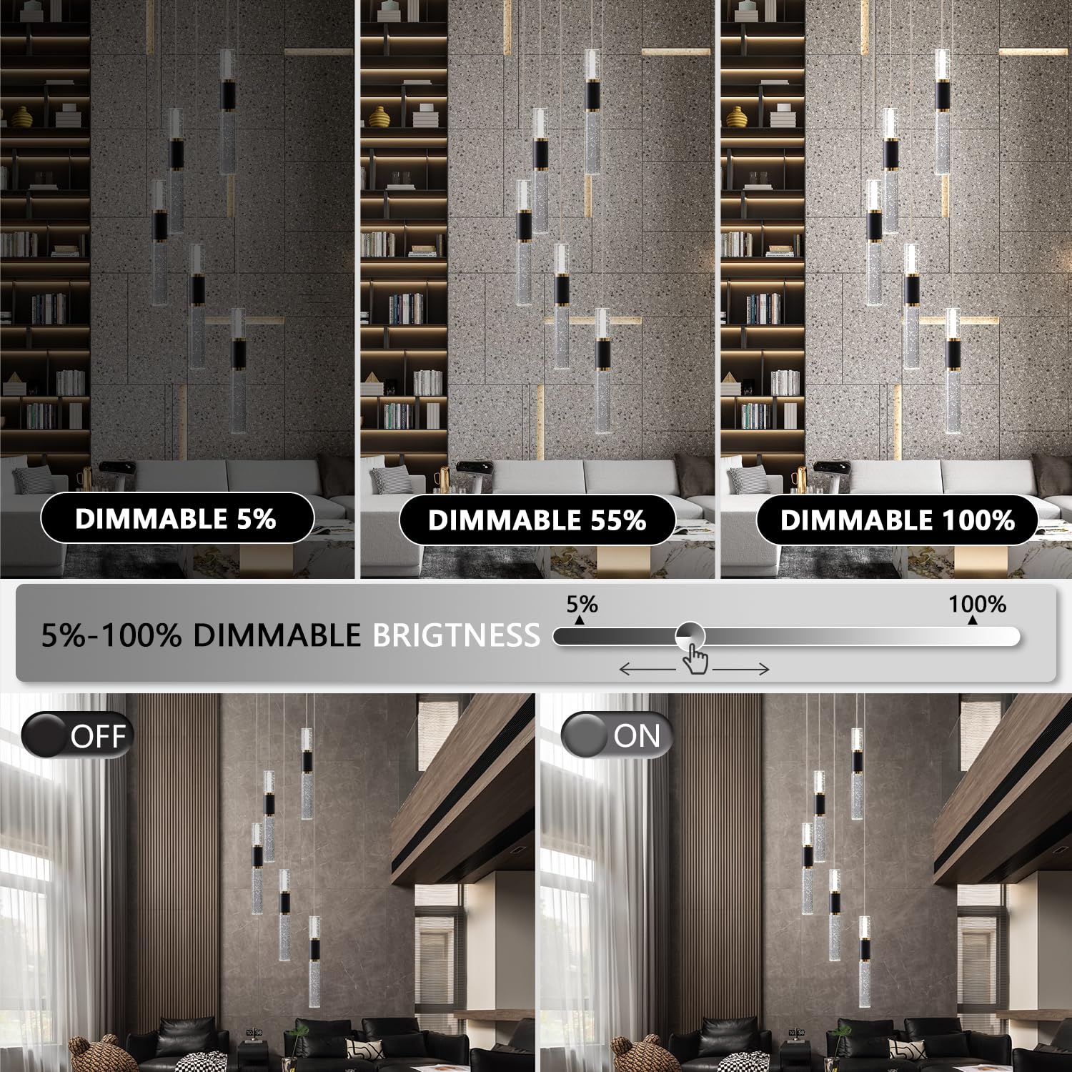 Embring 5-Light Modern Pendant Lights Kitchen Island Lighting Fixture,Dimmable Mordern Led Pendant Light With Remote,Black Gold Pendant Light Modern With Bubble Crystal Pendant Light