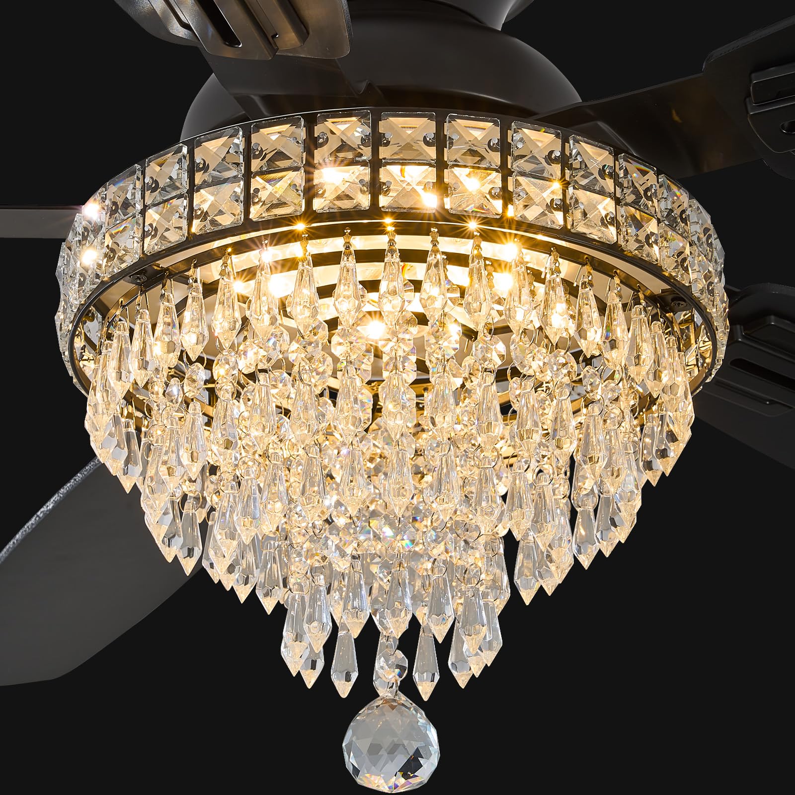 Fanyank Crystal Ceiling Fan Fandelier with Lights, 50" Black, Low Profile, Remote Control, Dimmable, Reversible, Noiseless