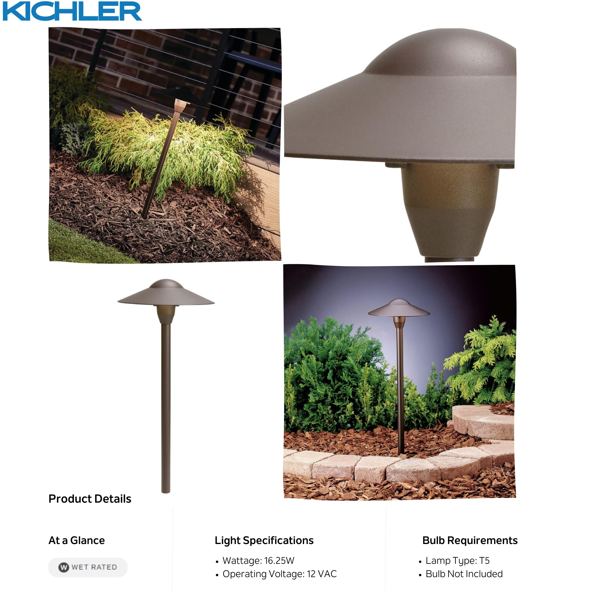 Kicher Landscape Path Lighting Fixture 15310Azt, 16.25 W,12 Volt,8.25'' W X 21'' H X 8.25'' L, T5 Wedge Architectural Bronze,Sid