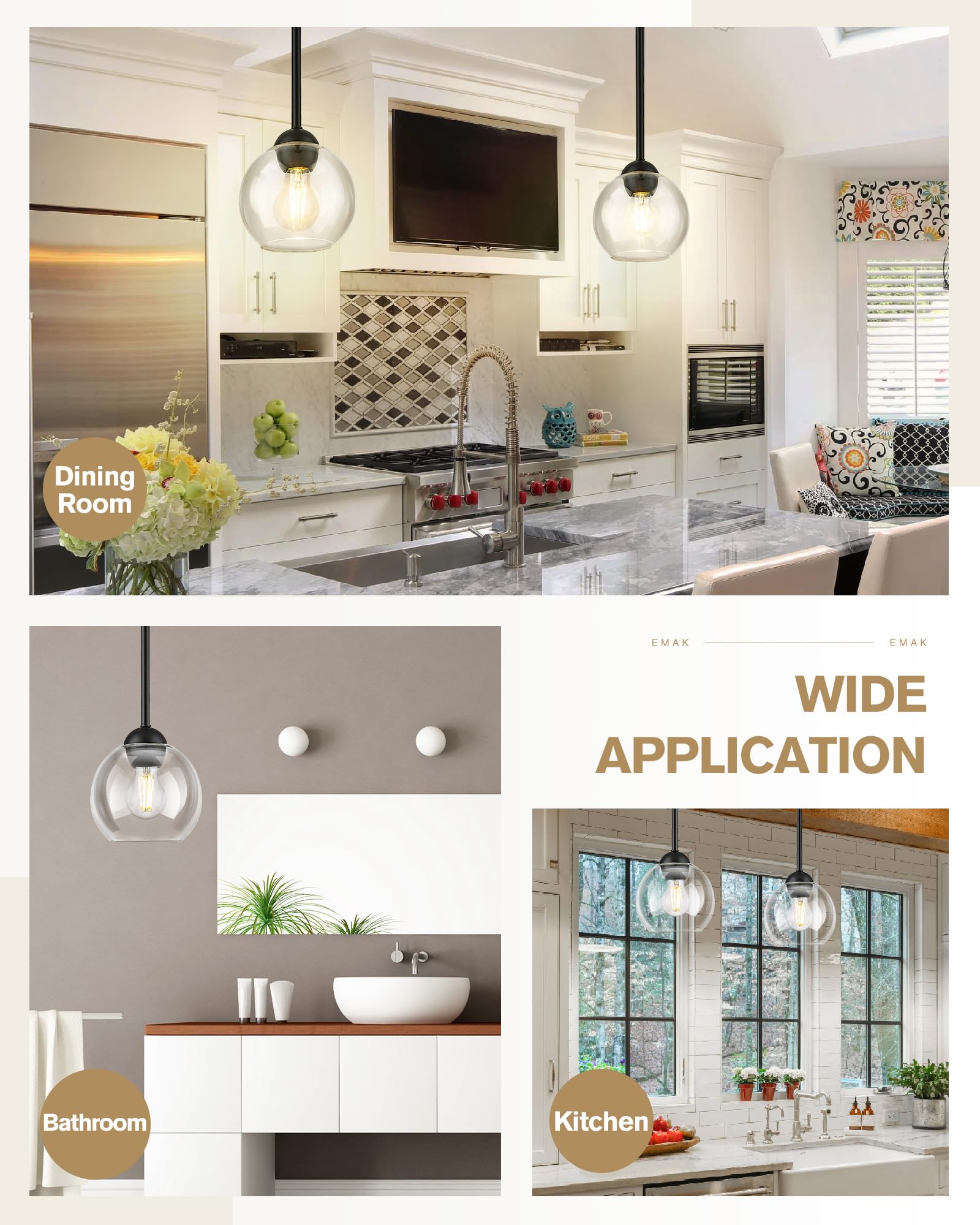 Emak 7 Inch Globe Pendant Light, Matte Black Pendant Light Fixtures With Clear Glass, 1-Light Hanging Lights For Kitchen, Bathro