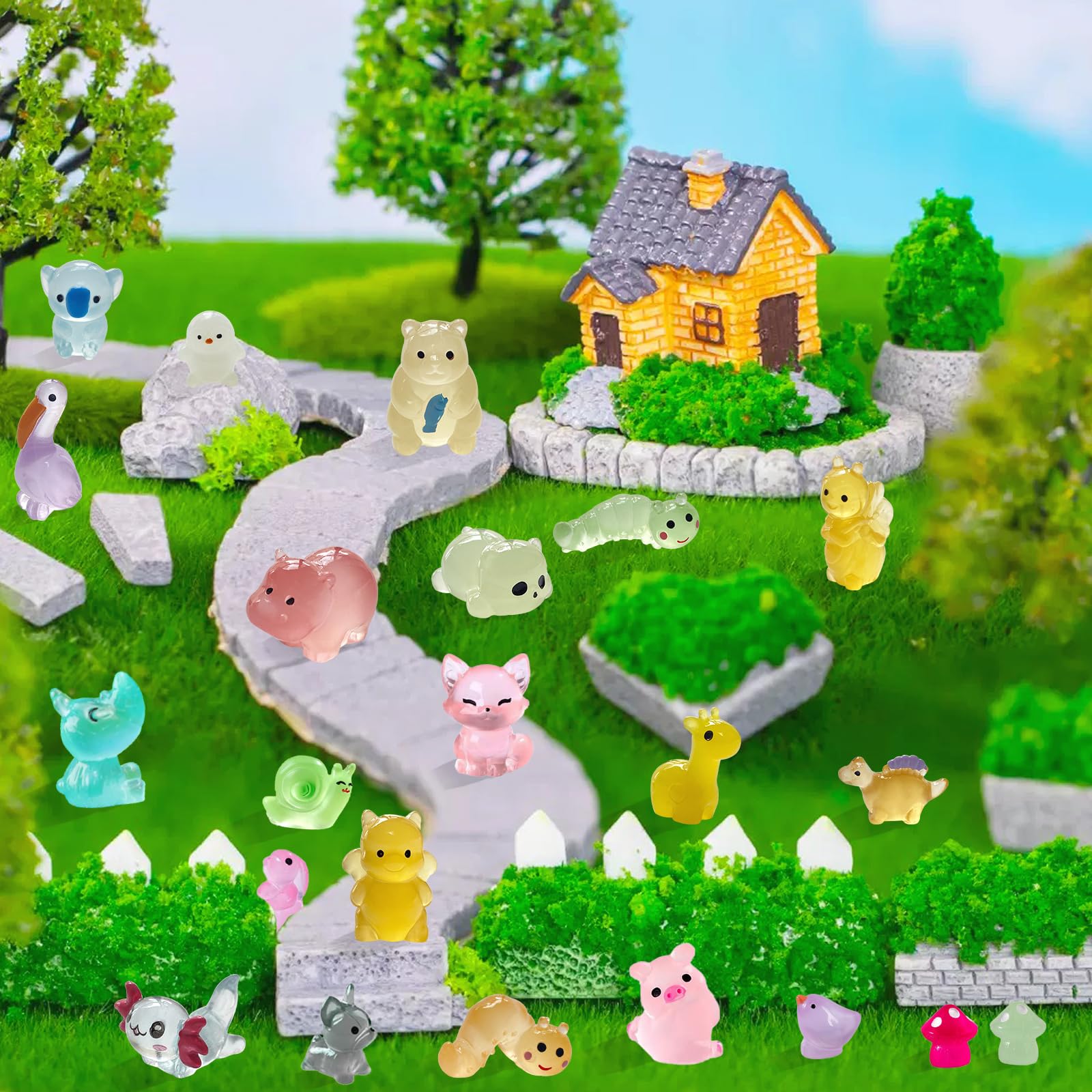AllGemDiy Mini Resin Animals - 100 Pcs Glow in The Dark Figurines, Mixed Colors for Fairy Gardens and Outdoor Decor