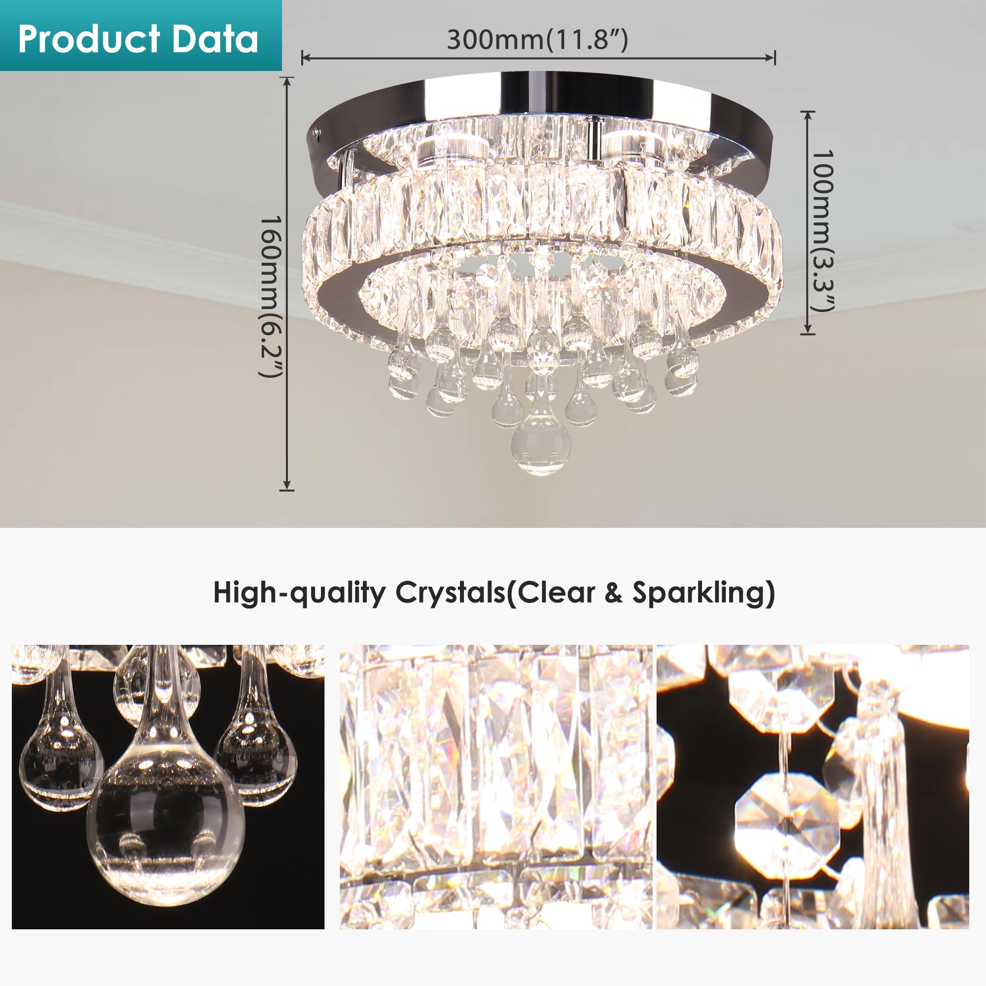 Ypqxyhda Dimmable Crystal Ceiling Light,11.8'' Modern Crystal Chandeliers Led Flush Mount Light Fixture For Bedroom Kitchen Dini