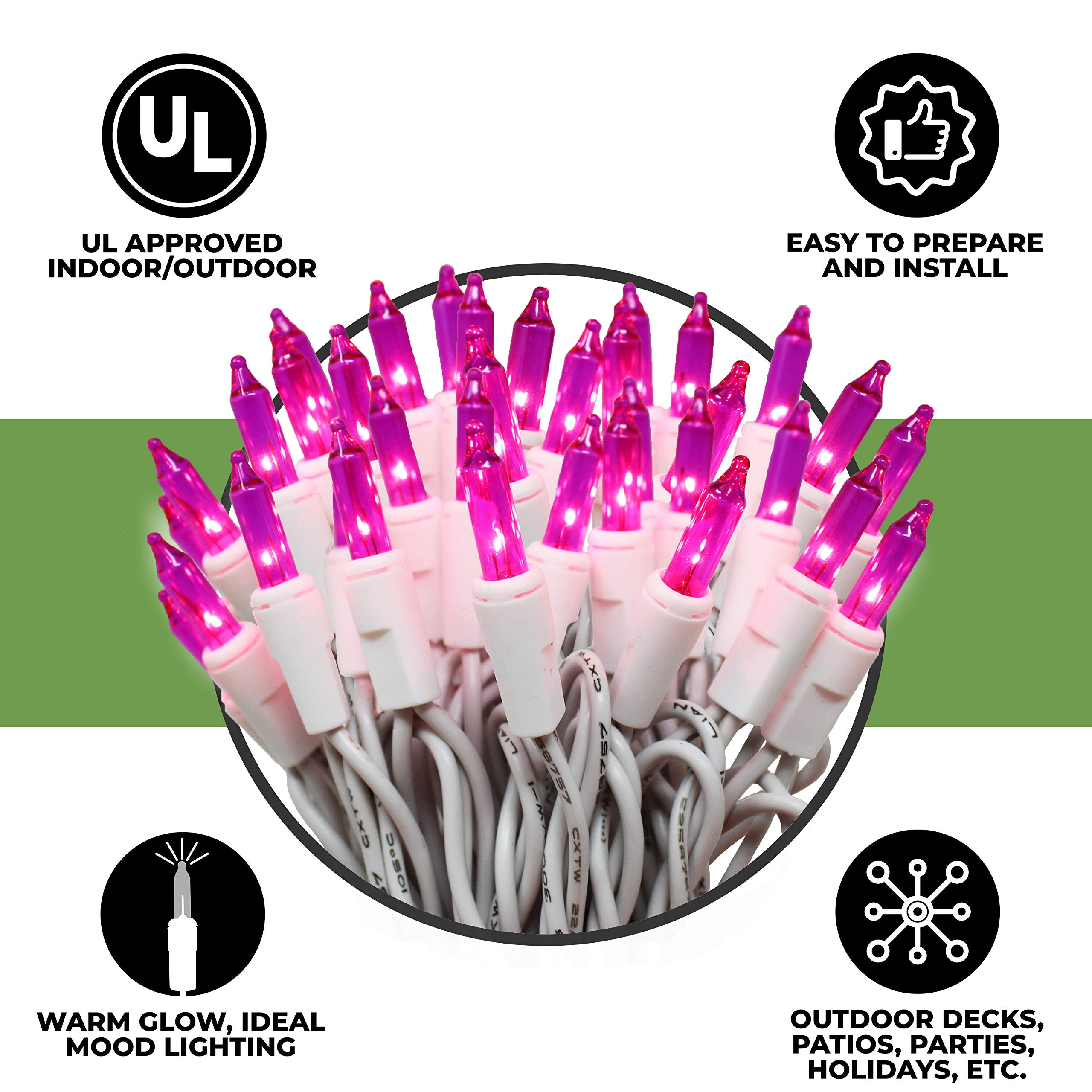 612 Vermont Pink Christmas Lights, 18 Lighted Length, UL Approved, Indoor/Outdoor, Model LHS100-2(0.34)-LHM