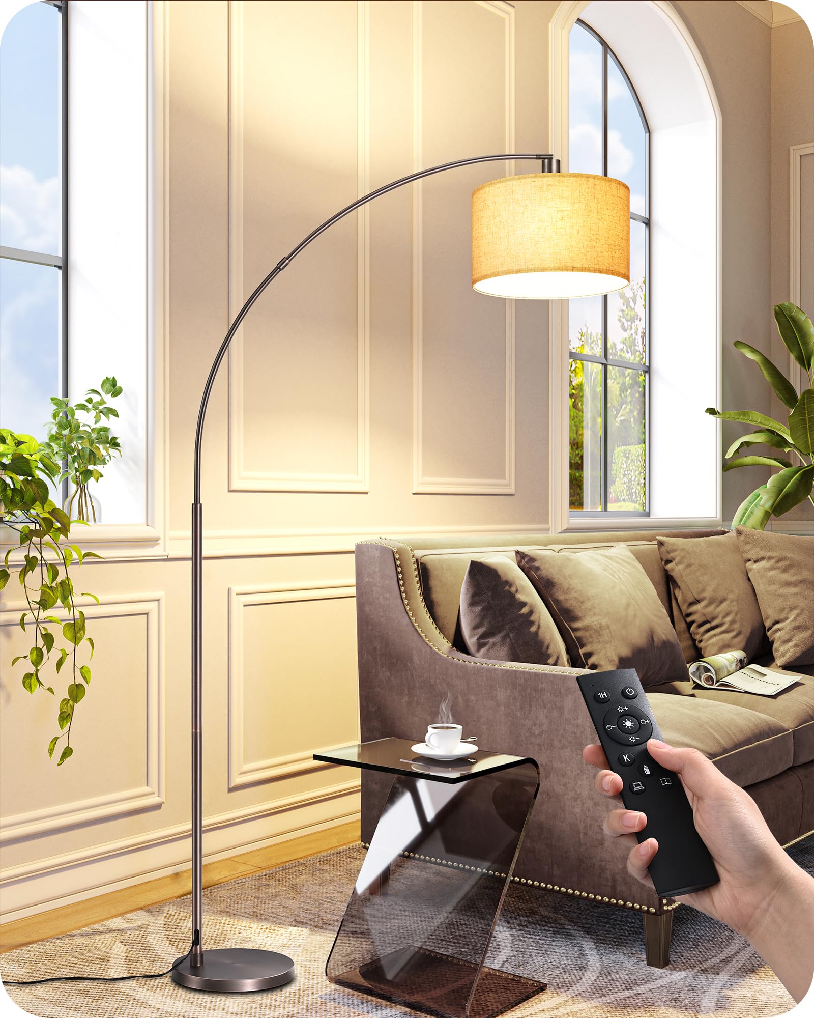 EDISHINE Dimmable Floor Lamp with Remote, Bronze Arc Stand Light, Adjustable Drum Shade, Model HFLR04X