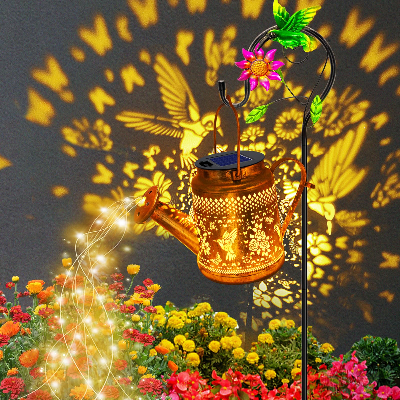 Solar Lanterns Outdoor Waterproof,Hummingbird Watering Can Garden Decor,Hanging Solar Path Lights Yard Art,Outside Patio Decorat