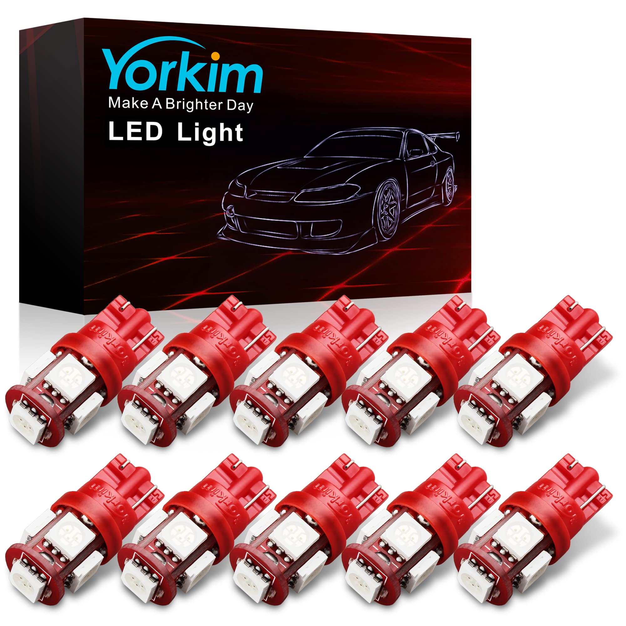 Yorkim T10 LED Bulbs Red Super Bright 168 LED Bulbs Pack of 10 for Car Interior Dome License Plate Map Door Lights AYJ1002617*10