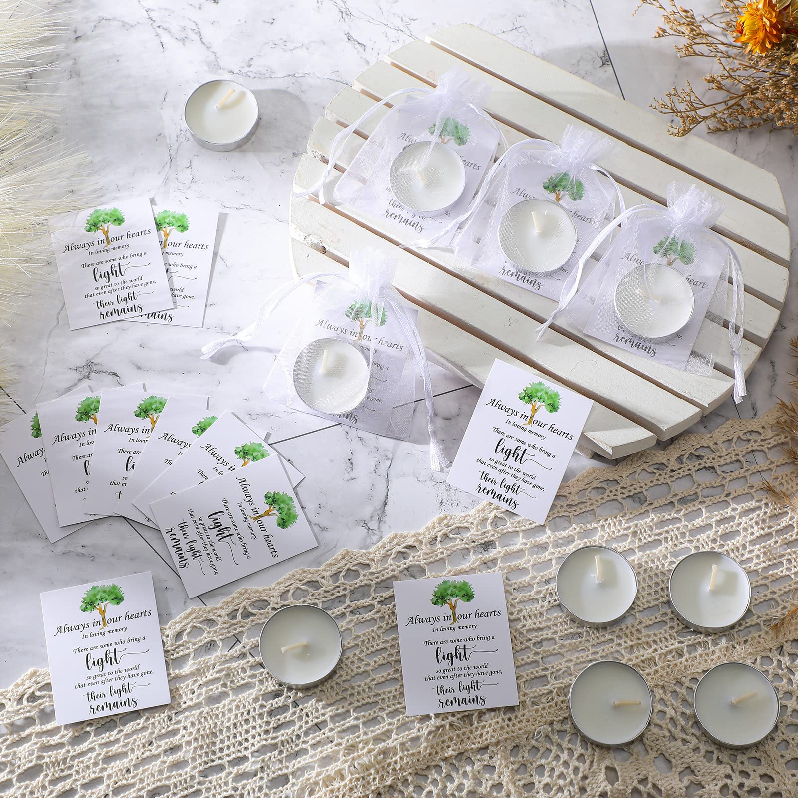 Coume 50 Set Unscented Tealight Candles - White with Condolence Cards & Organza Bags for Memorial Celebrations (Model SR-Coume-573130)
