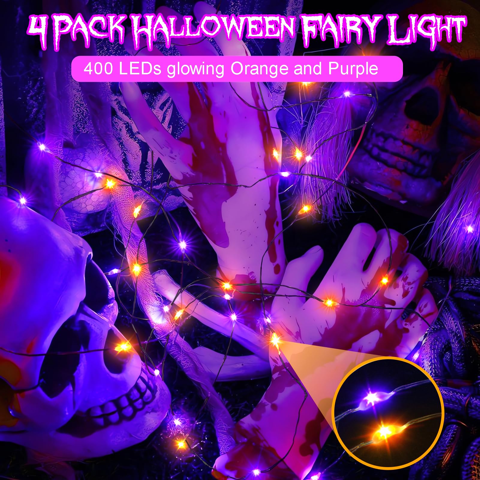 4 Pack Halloween Solar Fairy Lights 131.2Ft 400 Leds Outdoor Twinkle Lights With 8 Modes, Waterproof Silver Wire String Lights For Garden Patio Party Decorations (Orange Purple)