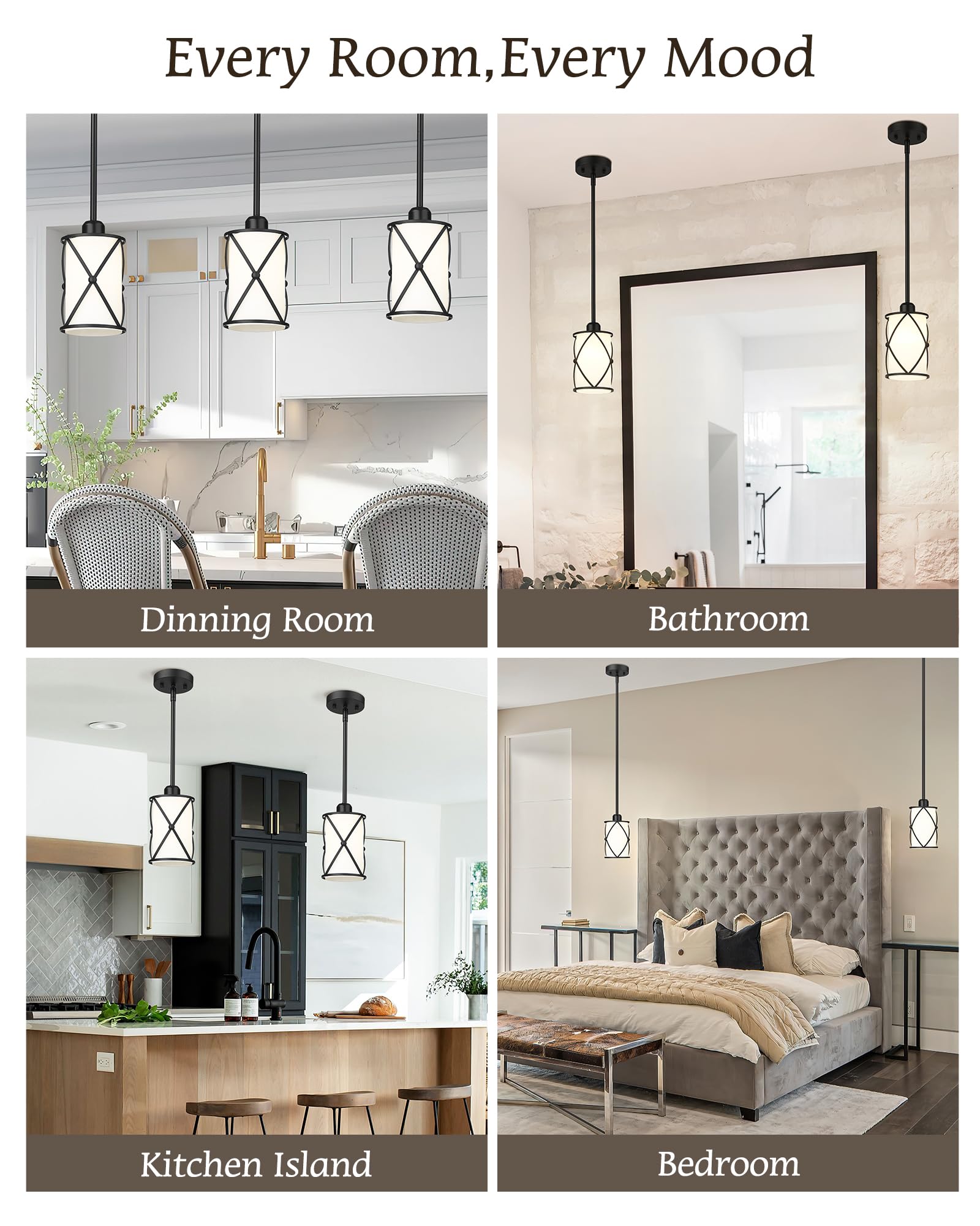 Osimir Pendant Lights Kitchen Island 3 Pack  Black Kitchen Pendant Lighting Over Island With Milk Glass And Rods  Modern Mini Hanging Light For Sink Dining Room  Ch9176Bkw-3Pk