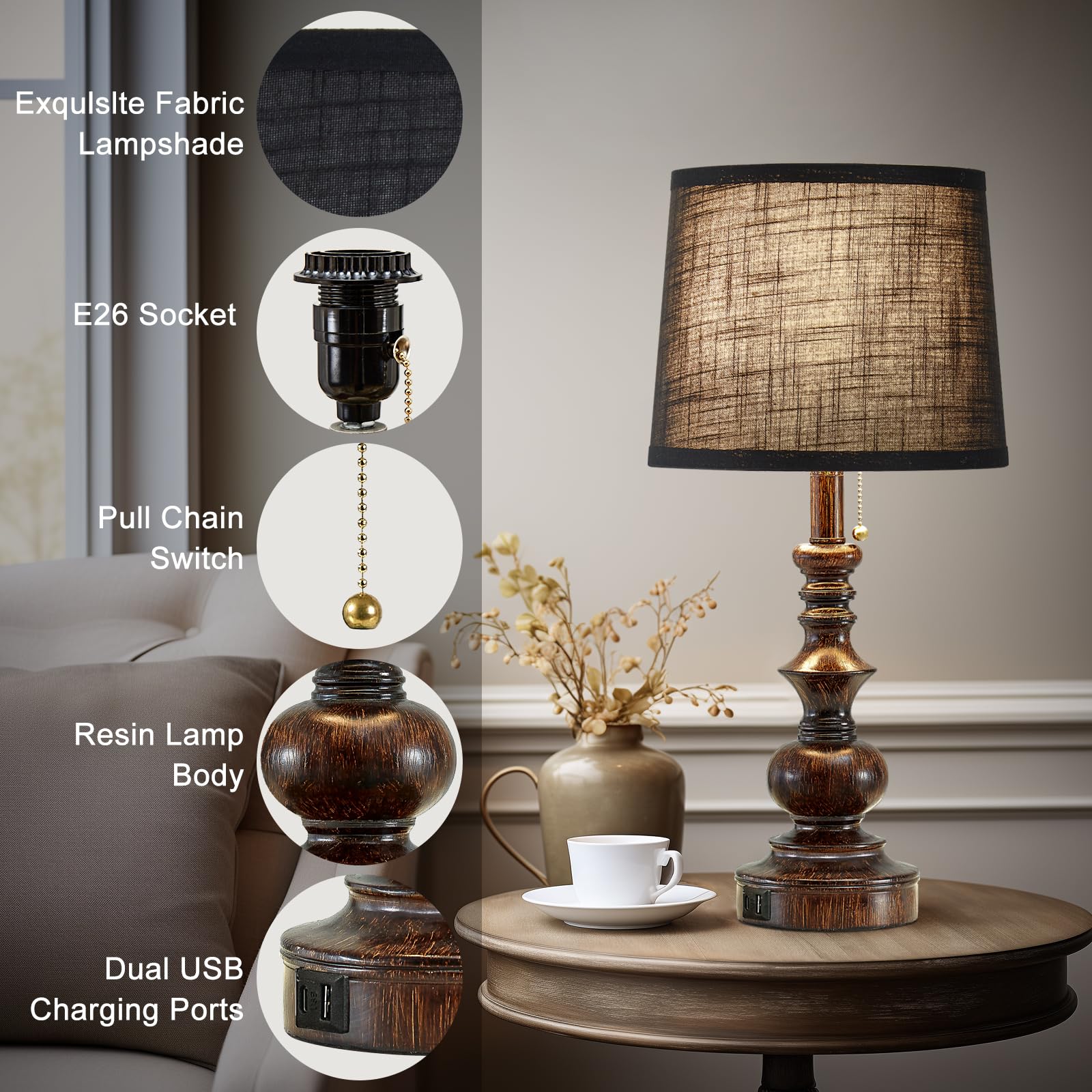 Drawealth Vintage Bedside Table Lamps Set Of 2 For Bedroom Nightstand Lamps With Usb Charging Ports Rustic Farmhouse Small Table