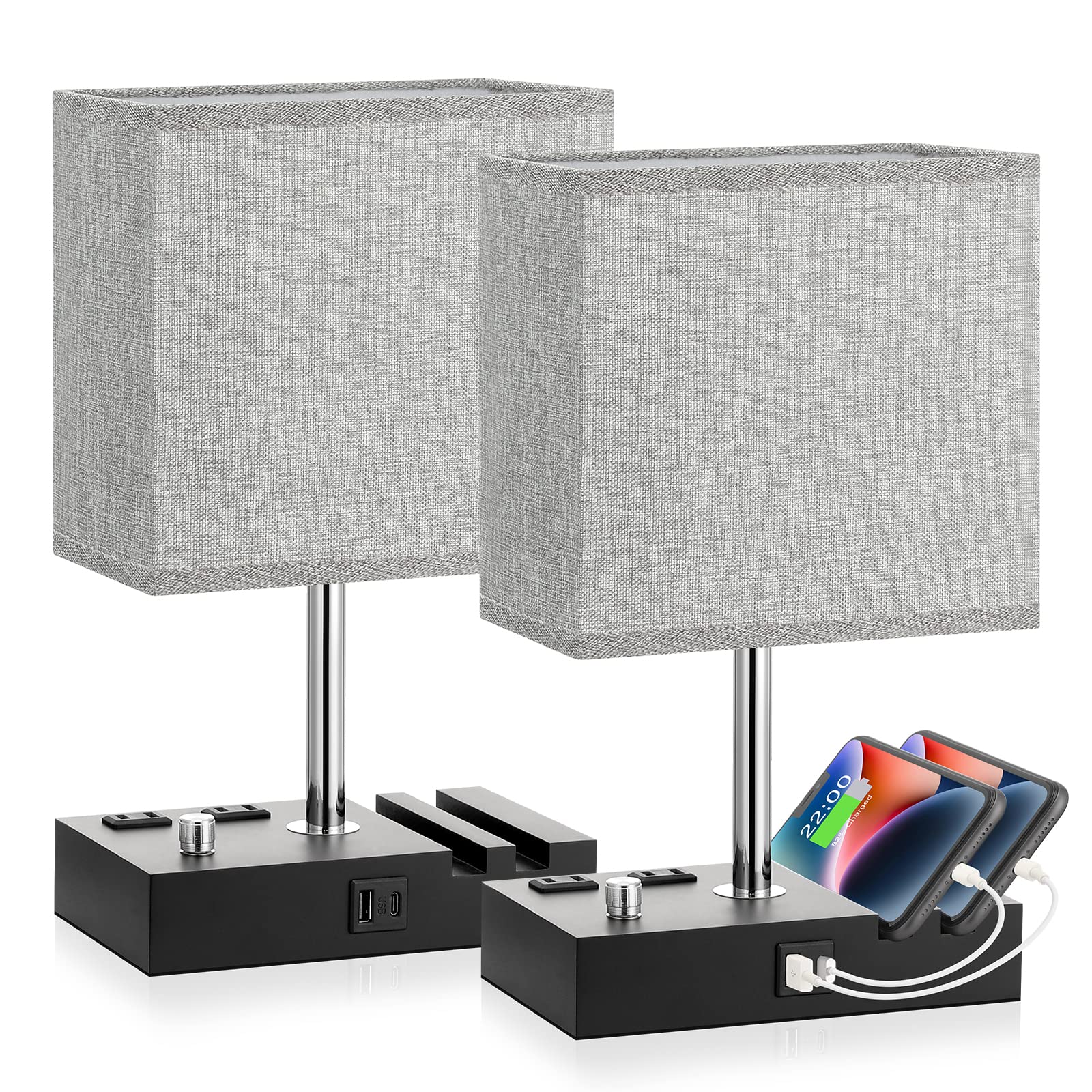 Kakanuo Bedside Lamps Set Of 2, Fully Dimmable Grey Wooden Table Lamps With Usb C Ports And Phone Stand, Bulb Included