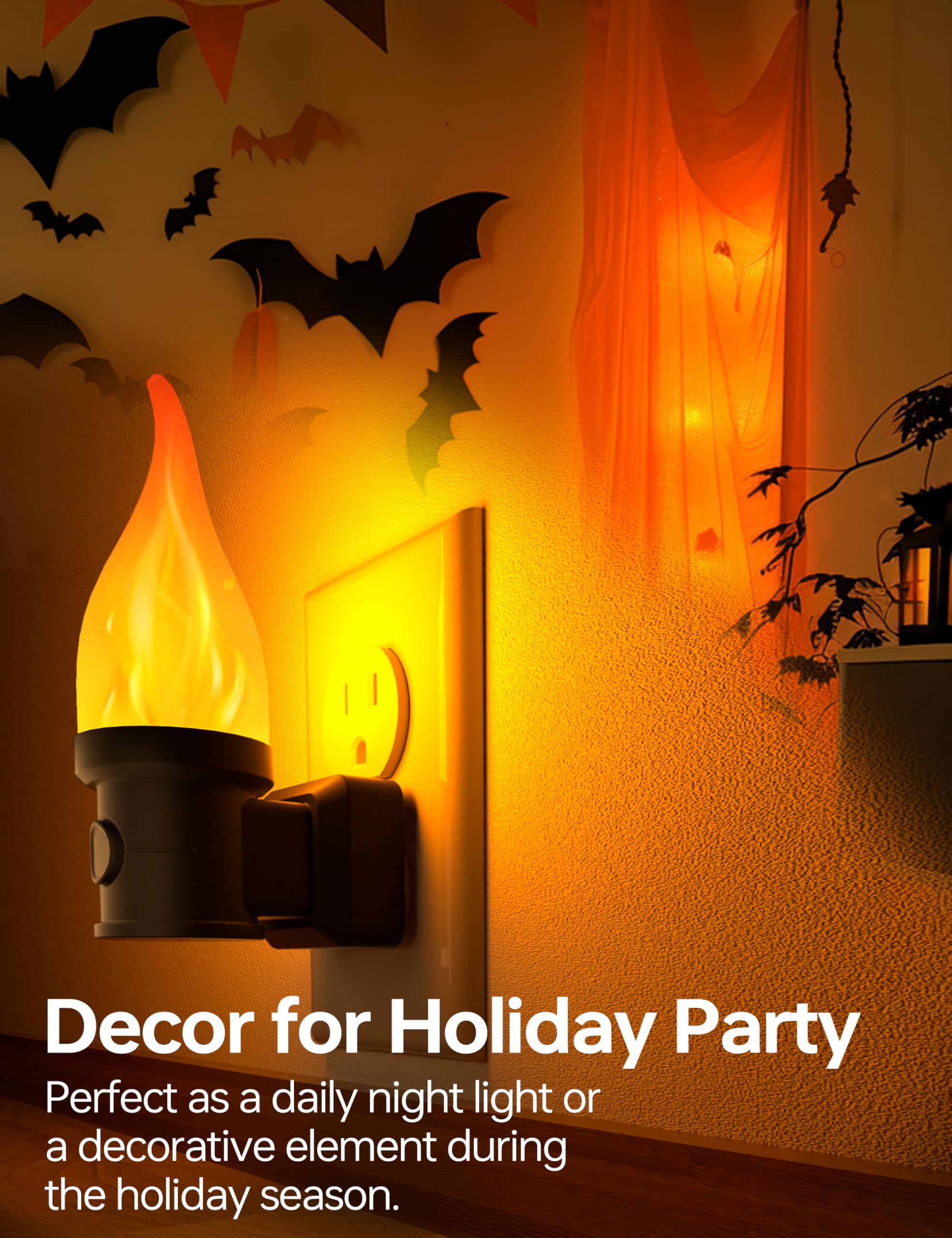 KINDEEP Flickering Candle Night Light 2 Pack, Amber, Plug-in with Dusk to Dawn Sensor, Flameless for Home Decor and Halloween