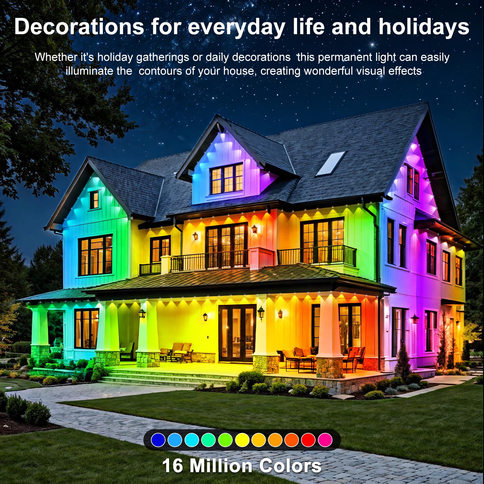 RCUICA 500FT Waterproof Outdoor Lights with Smart App Control, RGB Color, DIY Scenes, Music Sync, Perfect for Garden & Deck Decor