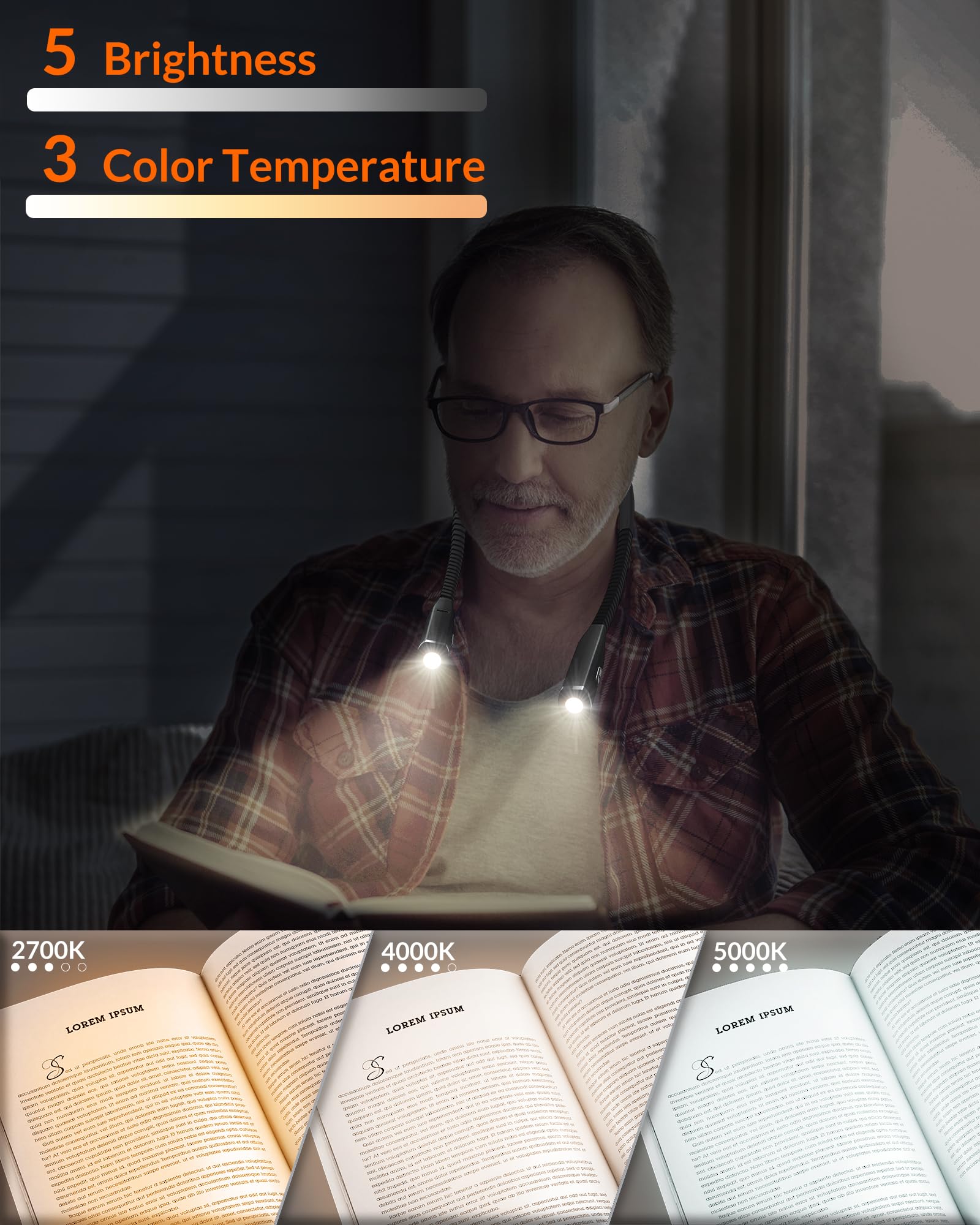 Lepower-Tec Neck Light - 3-Color & 5-Brightness, Comfortable Silicone Arm, Eye-Caring For Reading, Knitting, Crafting