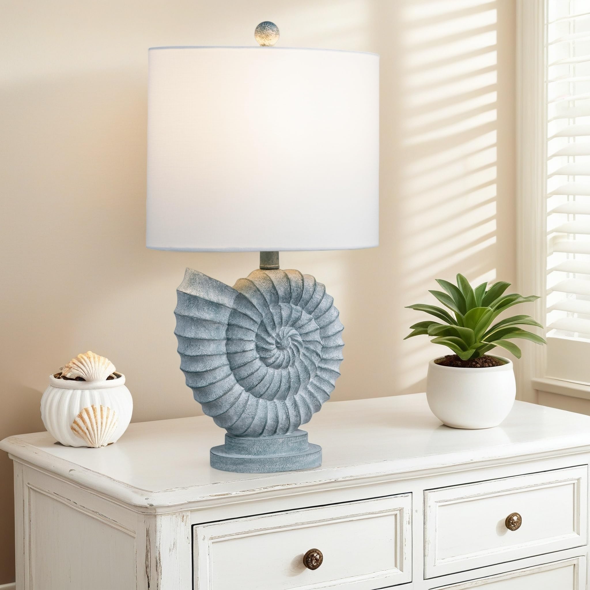Crestview Collection Coastal Table Lamp, Light Blue Resin Shell Lamp with Linen Shade, Ocean and Nautical Home Decor for Nightst