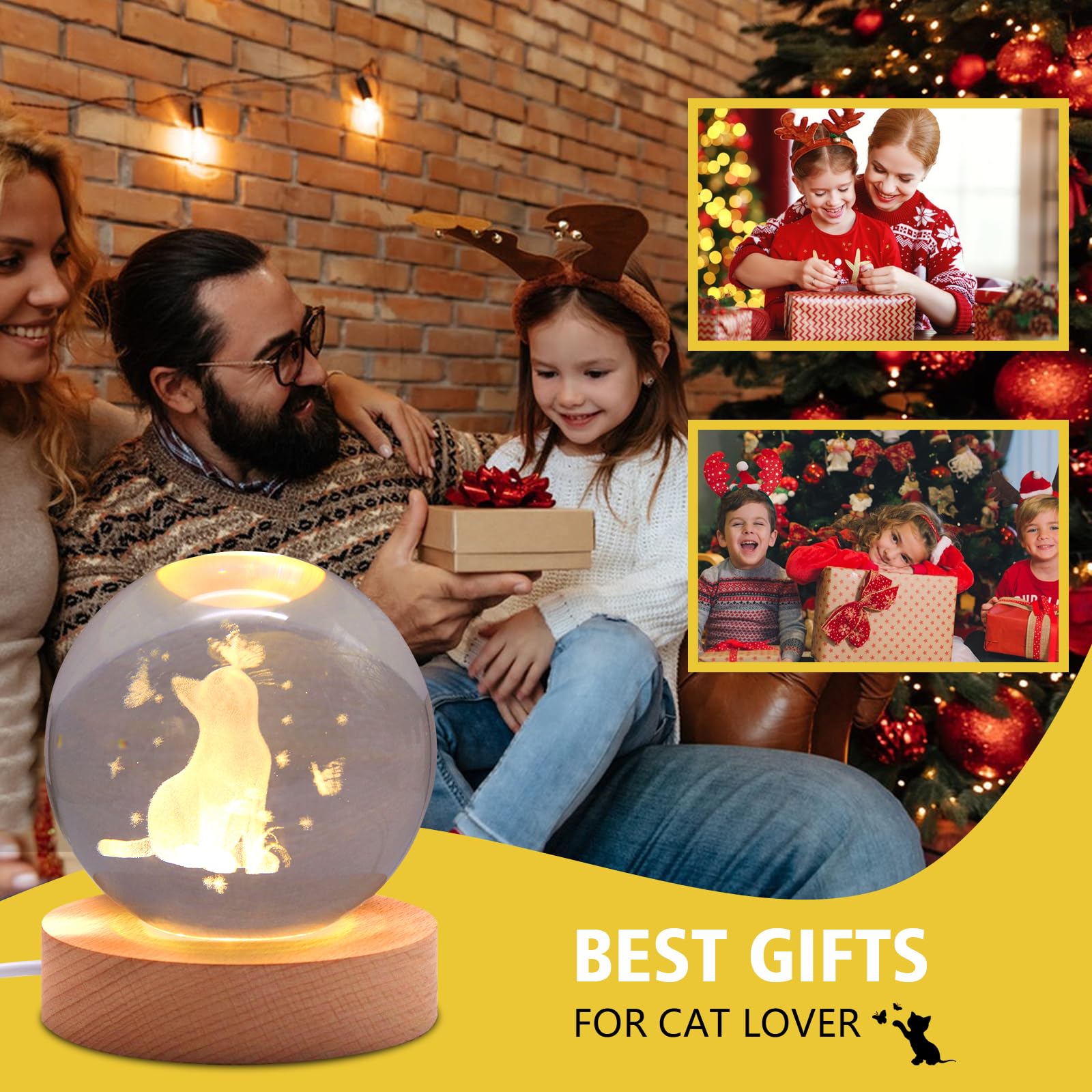 Miramar 3D Cat Figurine Crystal Ball Lamp, Cat Light Lamp With Wooden Base, Cat Gifts For Cat Lovers, Cat Stuff For Cat Lovers,