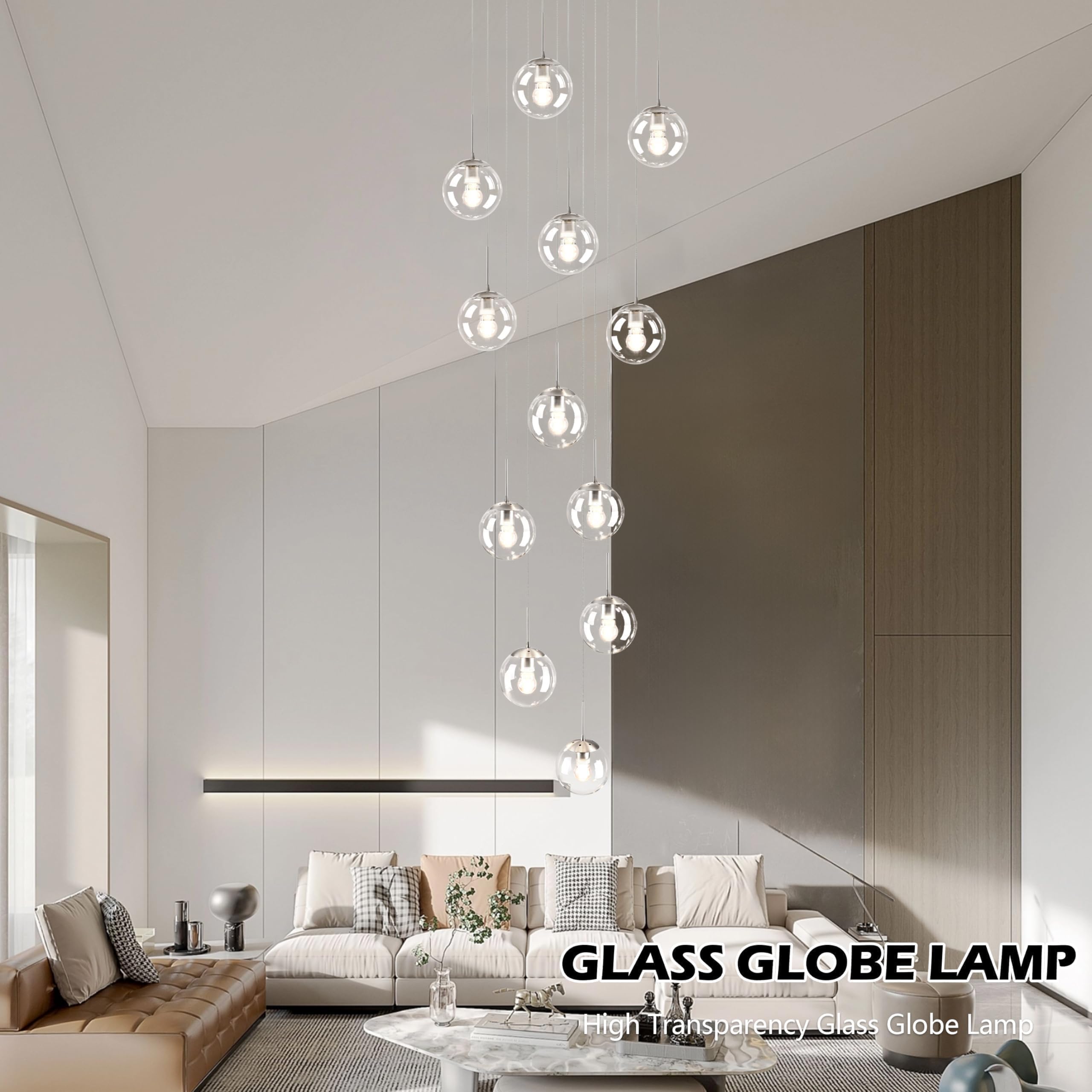 KoKo&Yukina 12-Light Mid Century Modern Chandelier, Clear Globe Glass, Nickel, D23.6", Model LT01-QN-12, Ideal for Living Room & Entryway