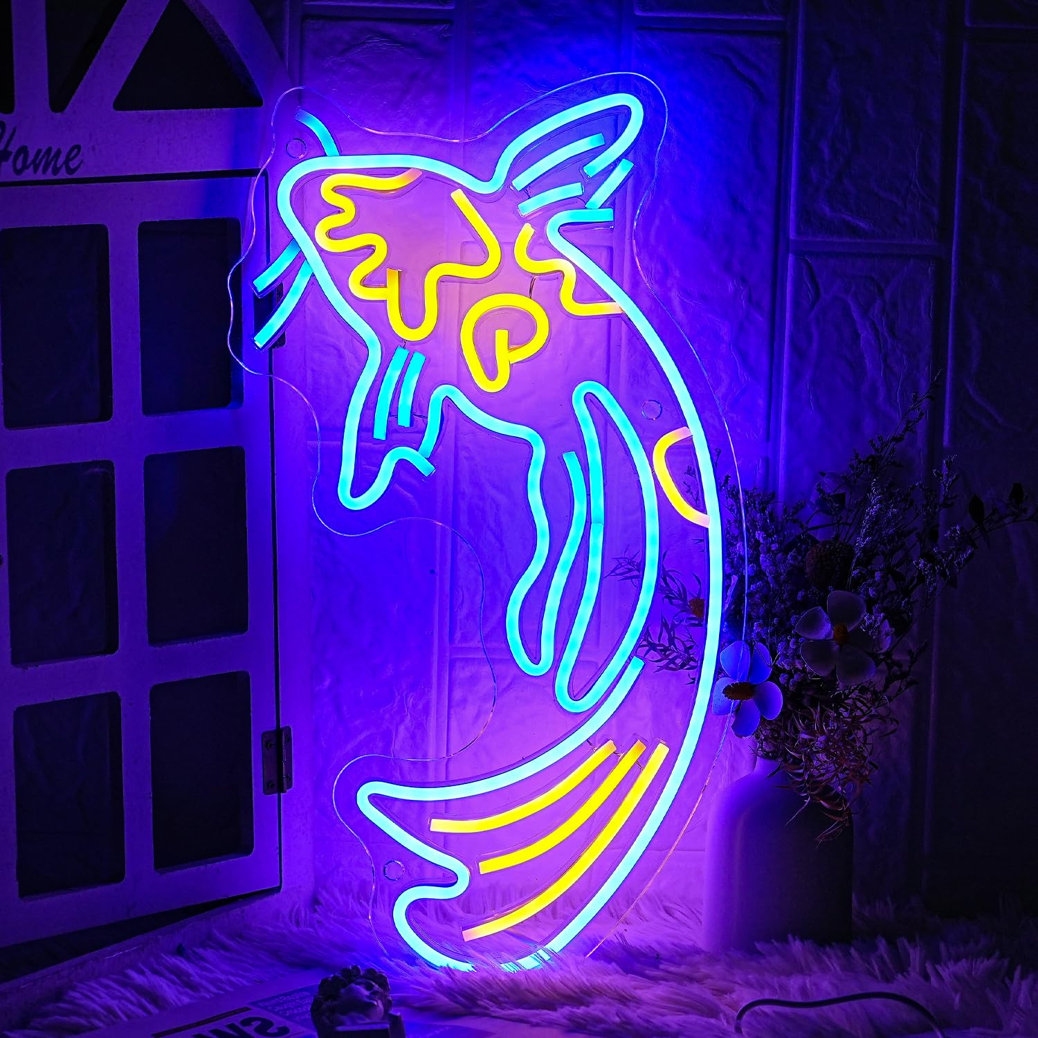 LMSIGNLY Koi Fish Neon Sign LED Wall Decor, 16.5inx9.5in, Blue Yellow Plastic, Dimmable with USB/Switch
