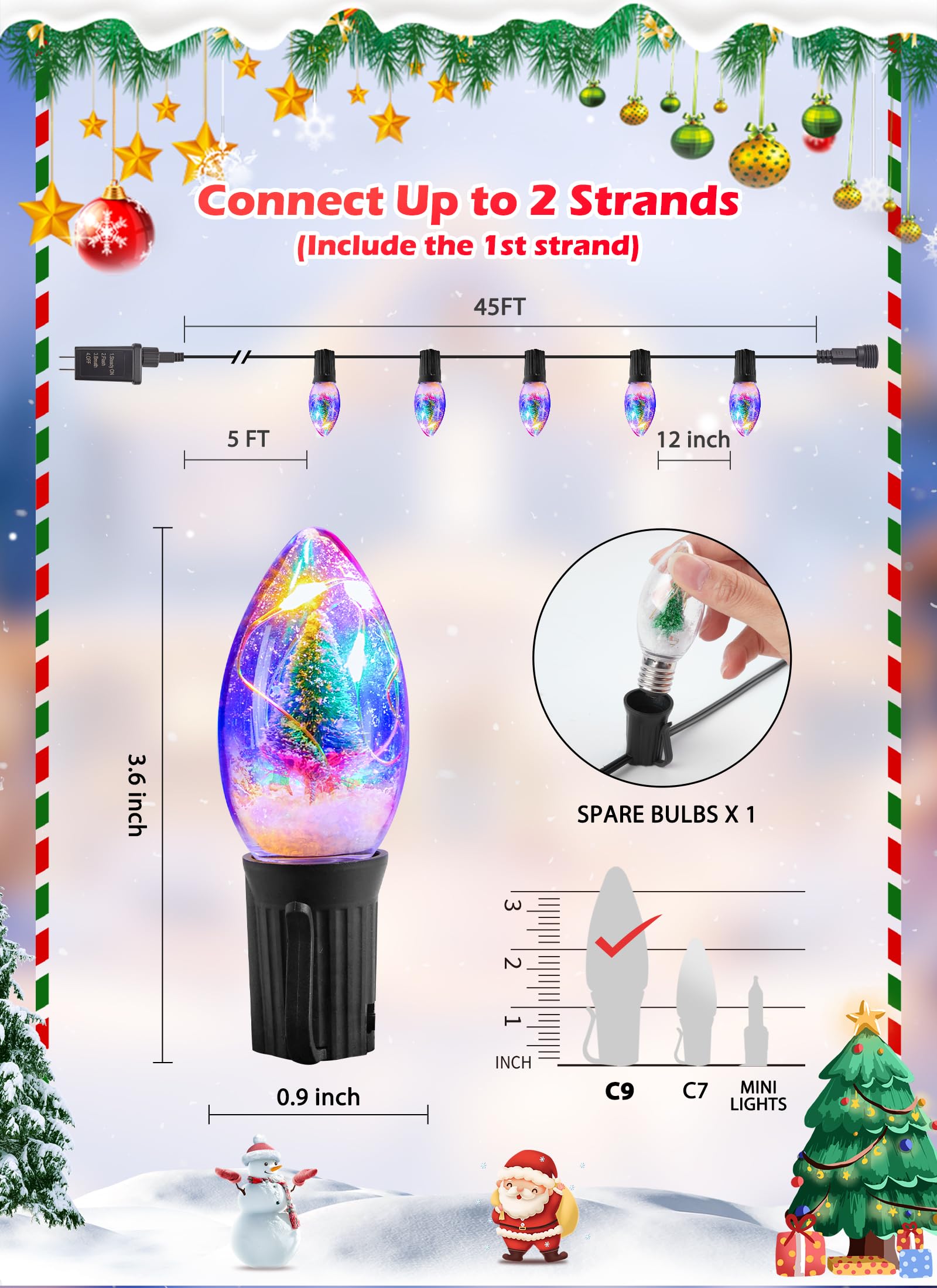 C9 Led Christmas Lights Outdoor, 45 Ft C9 String Lights With 40 Shatterproof Led Bulbs, 3 Light Mode, Connectable Waterproof Chr