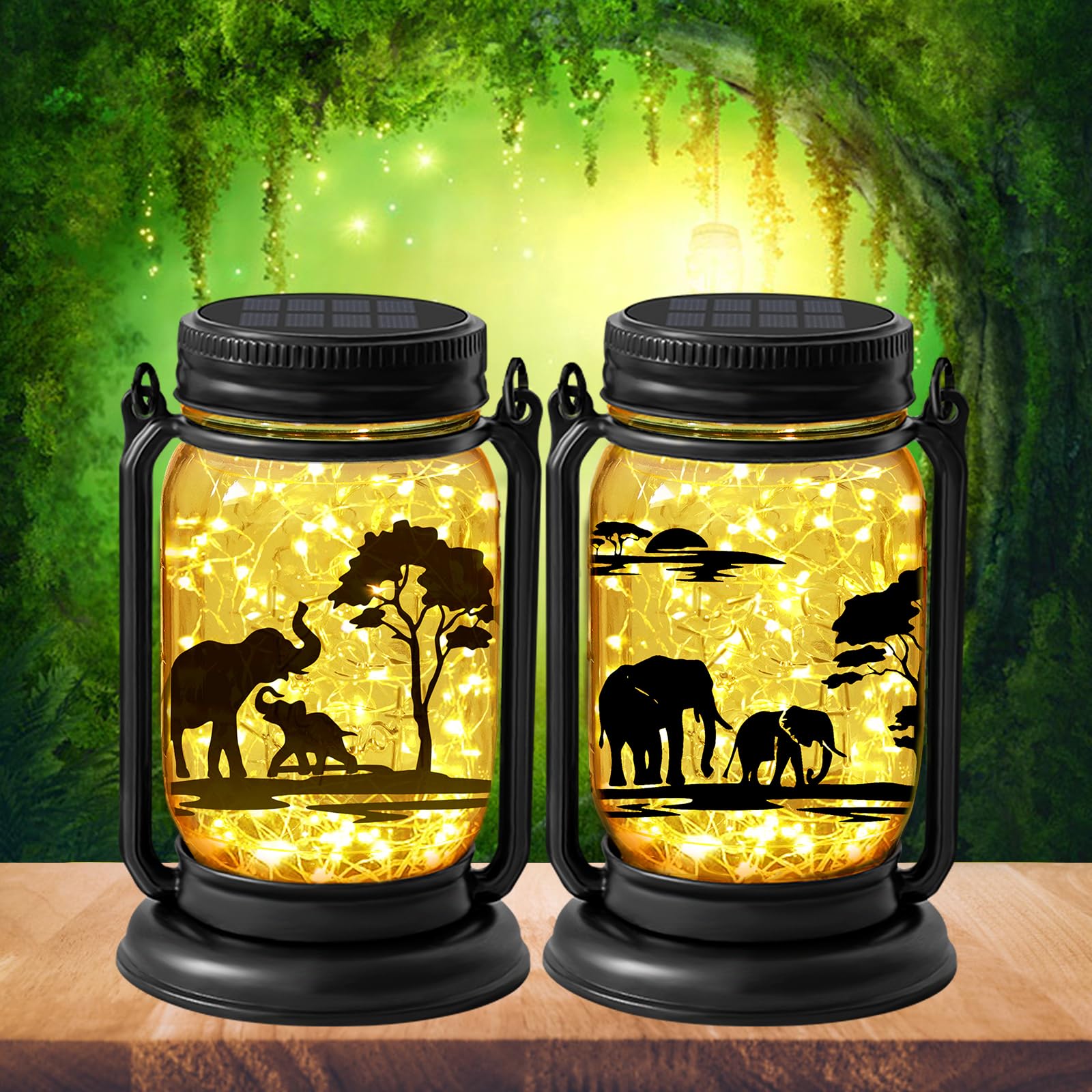 YJFWAL 2 Pack Outdoor Hanging Solar Lanterns, Elephants Theme Vintage Glass Mason Jar Solar Fairy Lights, Gifts for Mom, Grandma