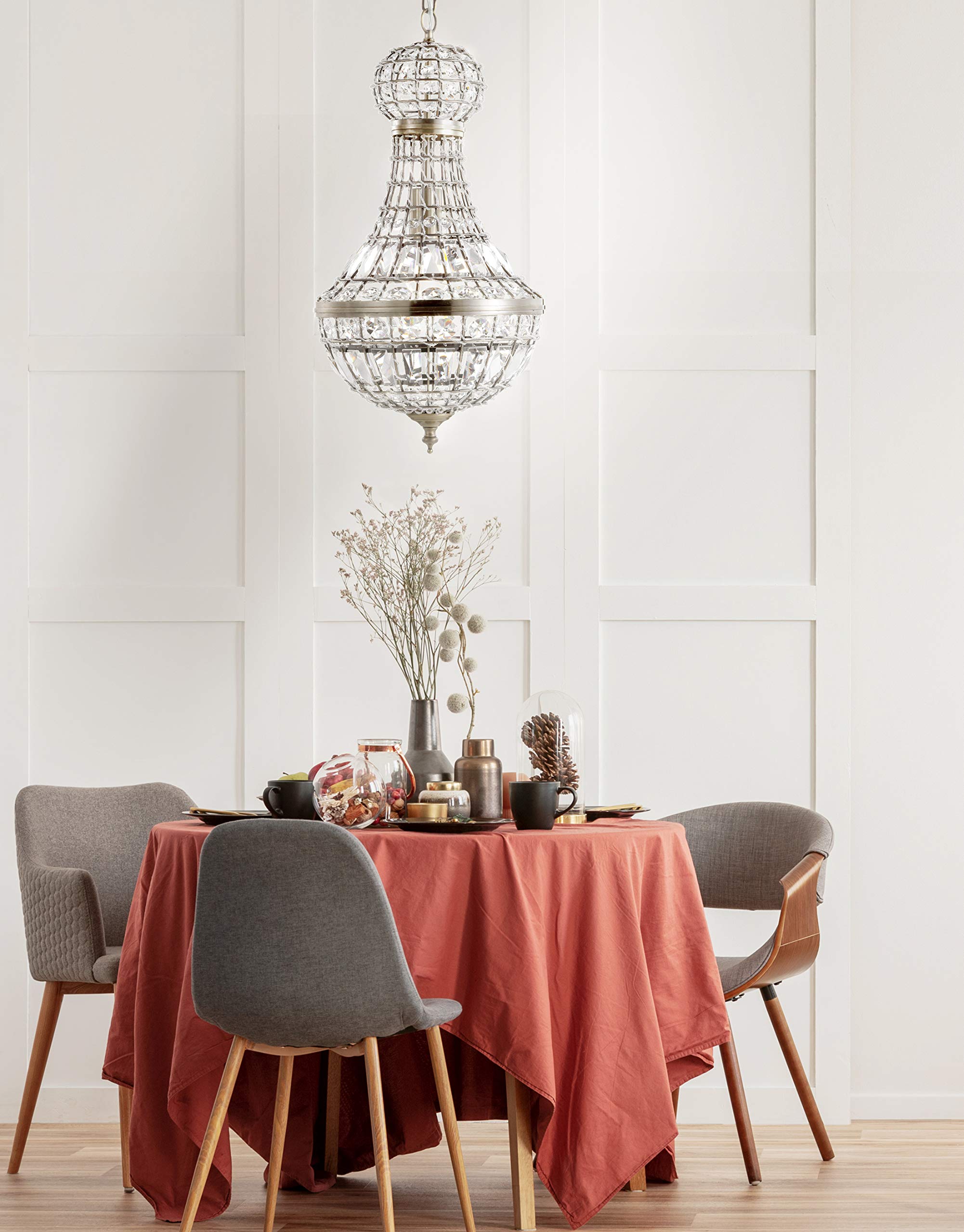 JONATHAN Y 10in Crystal Metal LED Chandelier Pendant Antique Brass, Model JYL6108A, Dimmable, Adjustable for Dining Room, Living Room, Kitchen