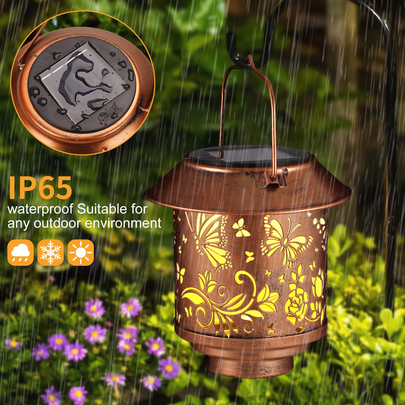 Outdoor Hanging Solar Lantern Waterproof Outside Metal Openwork Butterfly Pattern Landscape Lights For Porch Garden Yard Patio P
