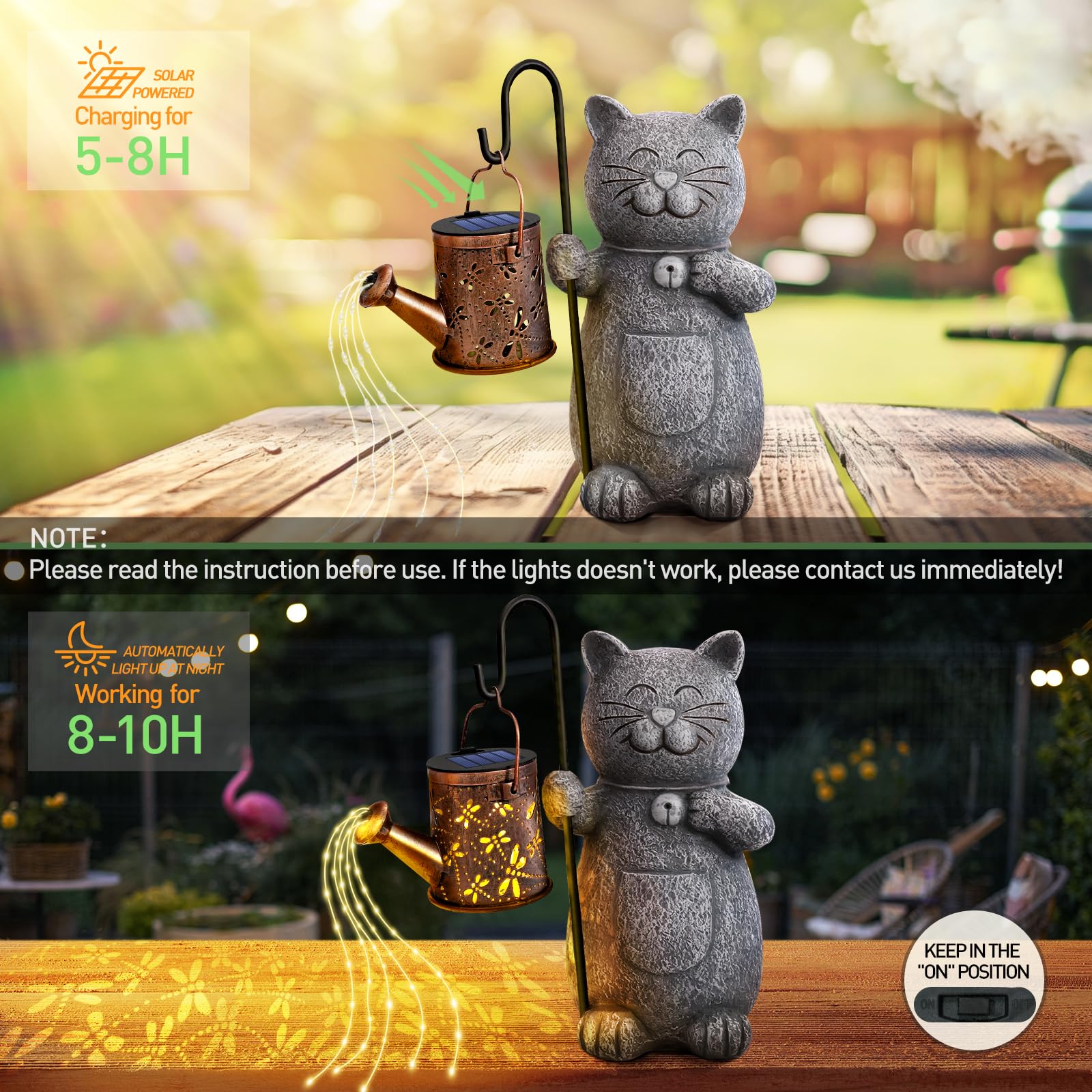 Hinshark Solar Garden Cat Statue With Kettle Light - Perfect Valentines & Birthday Gifts For Cat Lovers