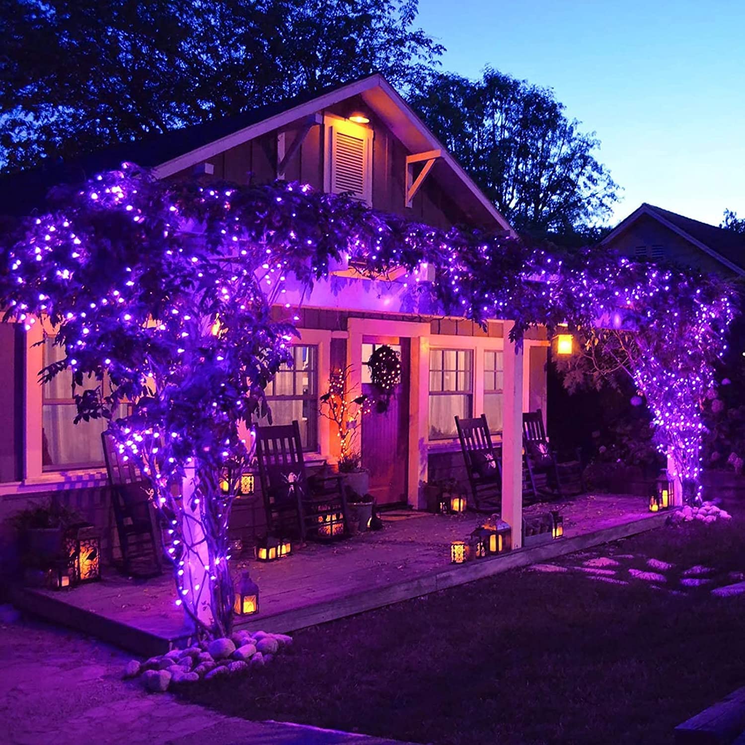 JMEXSUSS Solar Fairy Lights 100 LED 33ft Copper Wire Purple 4 Pack Waterproof 8 Modes for Halloween Christmas Garden Decor
