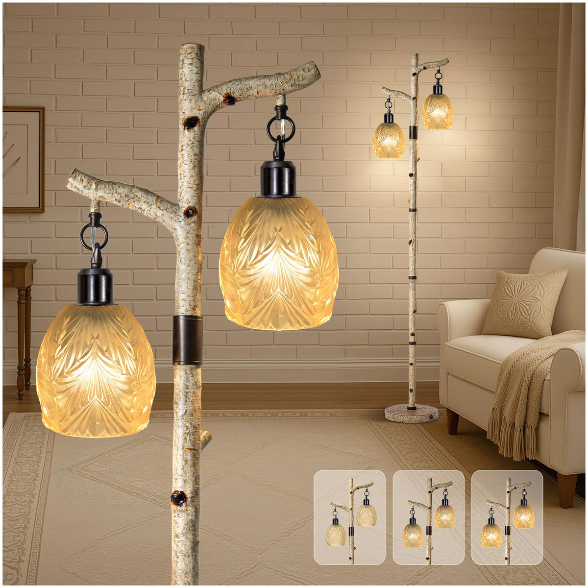 Scenekoy Retro 68.5    Tall Floor Lamp With Carving Shade, Farmhouse Resin Standing Lamp & Faux Birch Tree Finish, Dimmable Corn