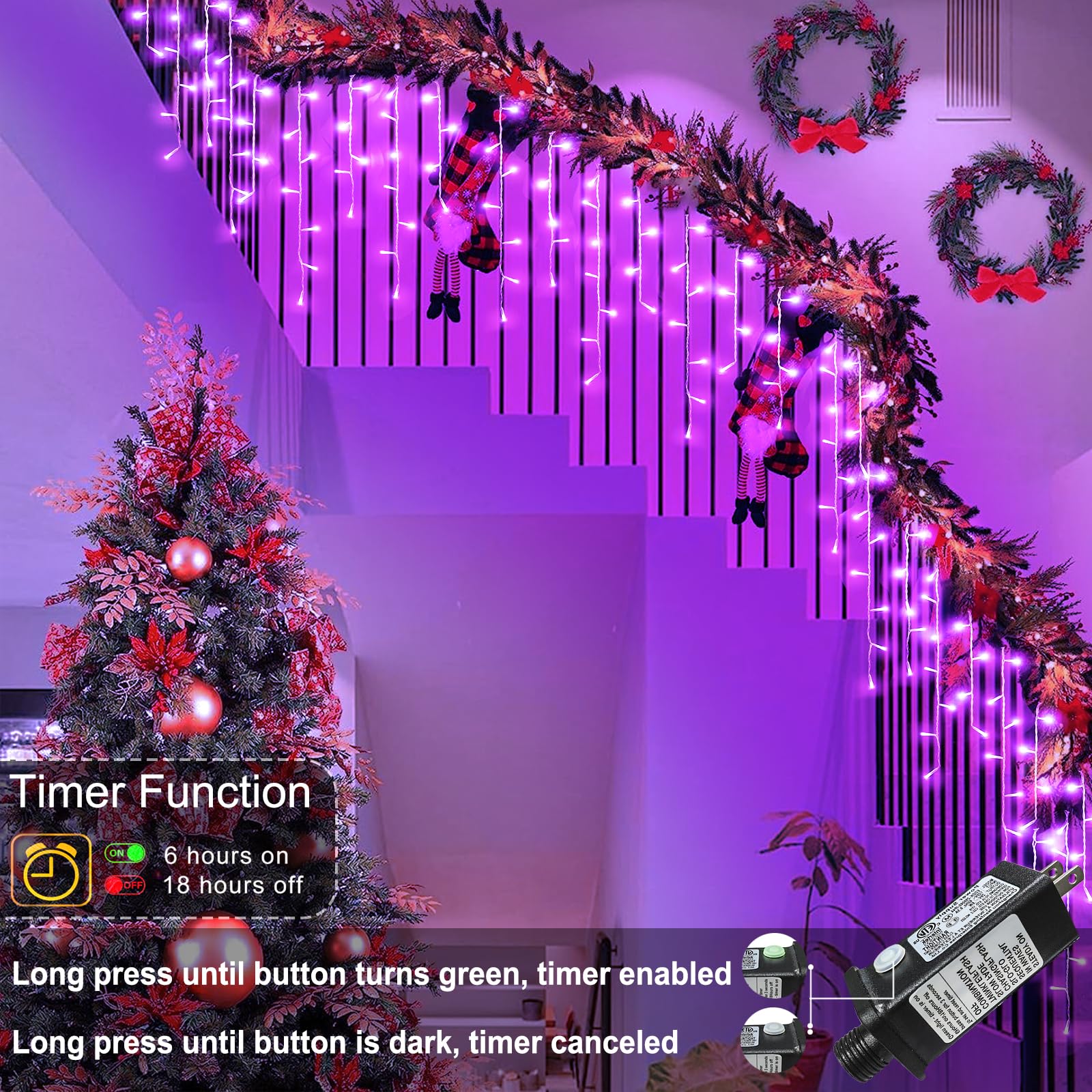 Nielfoi 400 LED Icicle Lights, 33ft Purple Outdoor String Lights, Waterproof, 8 Modes, Copper Wire for Holiday Decoration