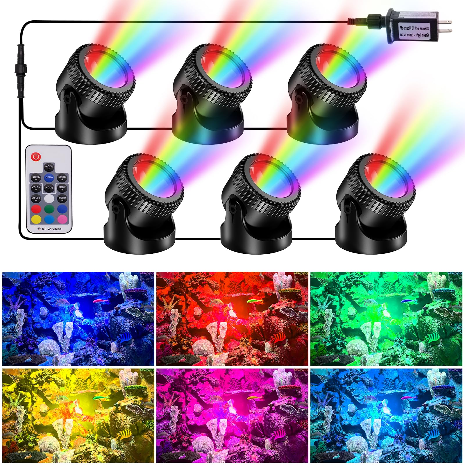 POPOSOAP RGB Underwater Pond Lights, 20 Colors, Dimmable, IP68 Waterproof, 6 Headlamps, Remote Control, Multicolor