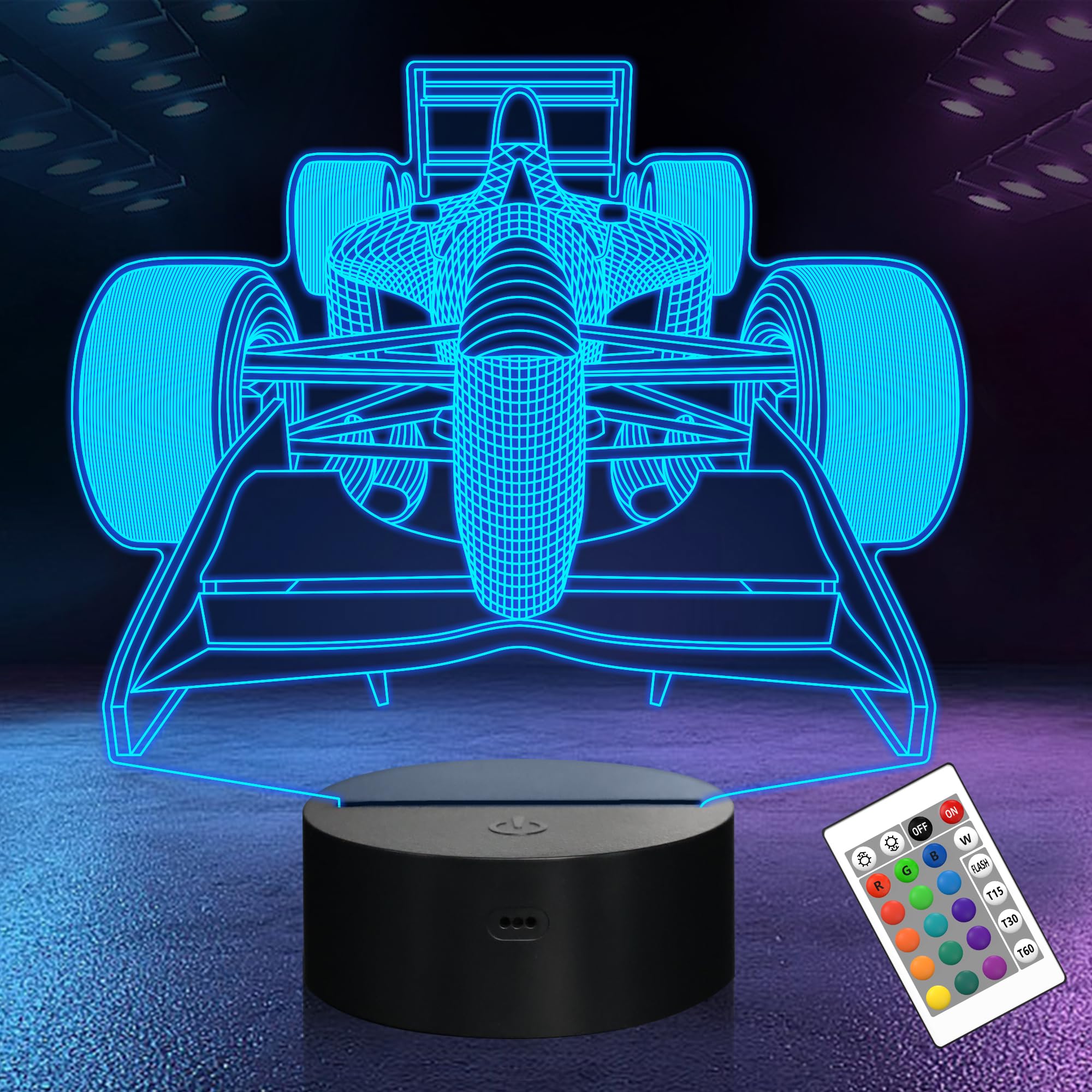 OkiyiD 3D Illusion Lamp, Formula 1 Racing Car Night Light, Remote Control, 16 Colors, Model FS-2810-9999, Color 15
