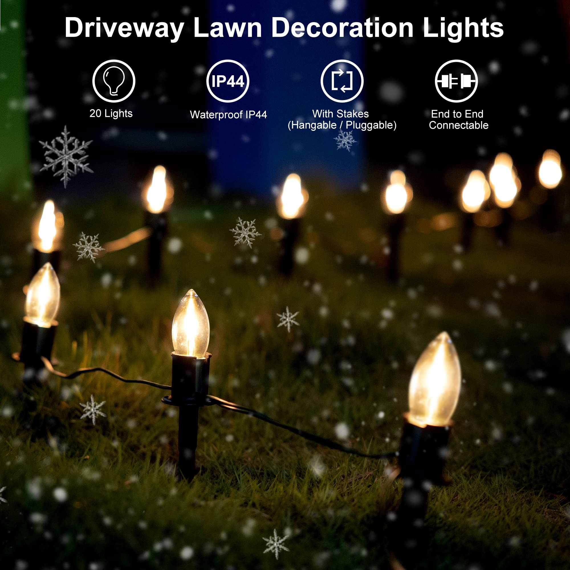 Tioriy Christmas Pathway Led Lights Outdoor, 20 Lights C9 Walkway Lights With Stakes, 24.2Ft Clear Driveway Christmas Lights For
