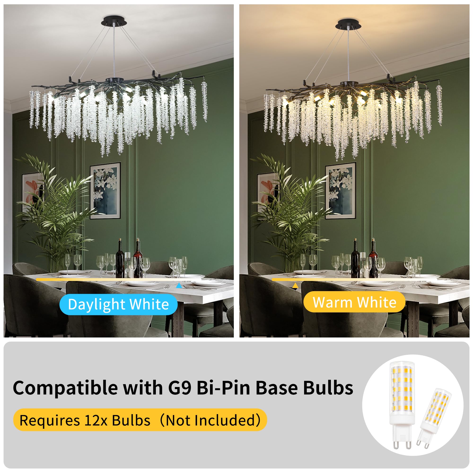 Puvaue Tree Branch Chandelier L39.5 Inch Black Luxury Rectangular Crystal Raindrop Pendant Light 12 Lights Kitchen Island Hangin