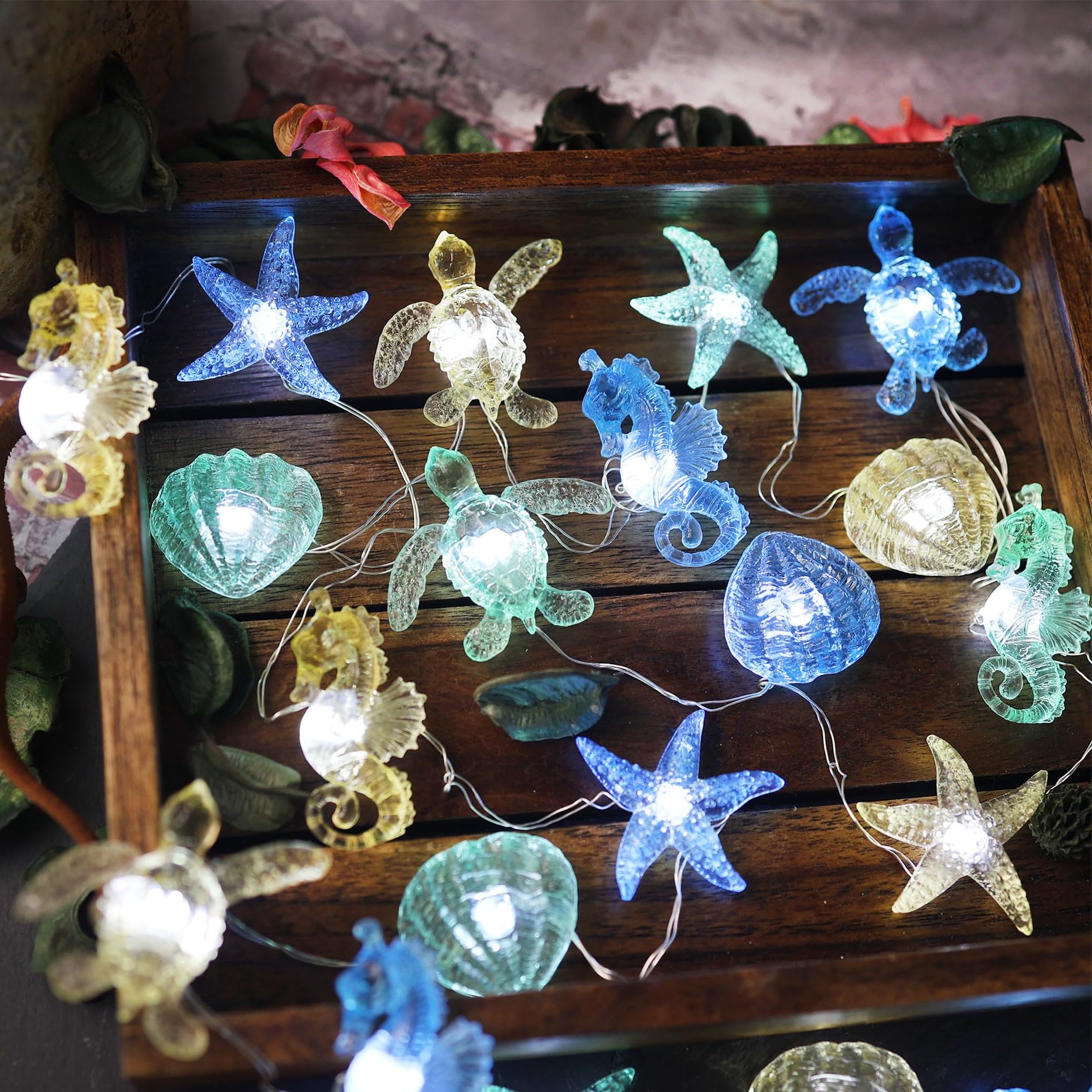 enlaceray Nautical String Lights - 30LED, 10ft, Multicolor Sea Life Decor, Plug-in/Battery Operated, Marine Themed for Bedroom & Christmas